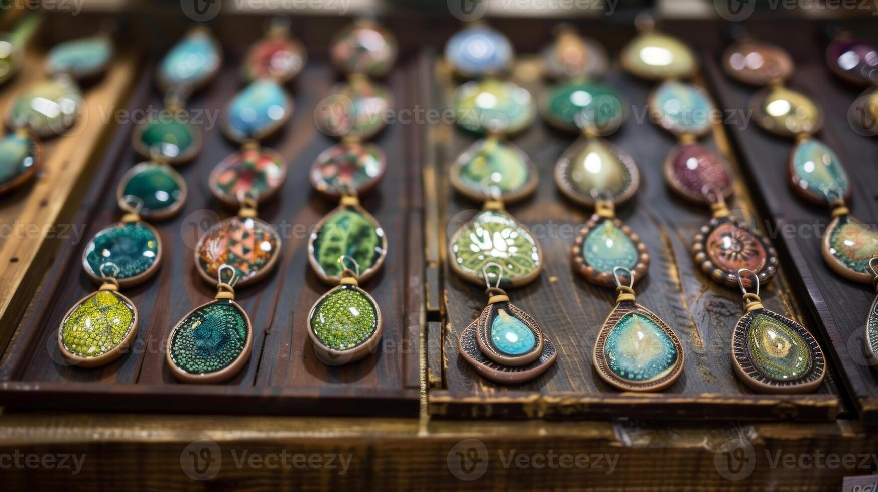 A display of finished ceramic pendants at a local artisan market showcasing the wide range of styles and designs available. photo