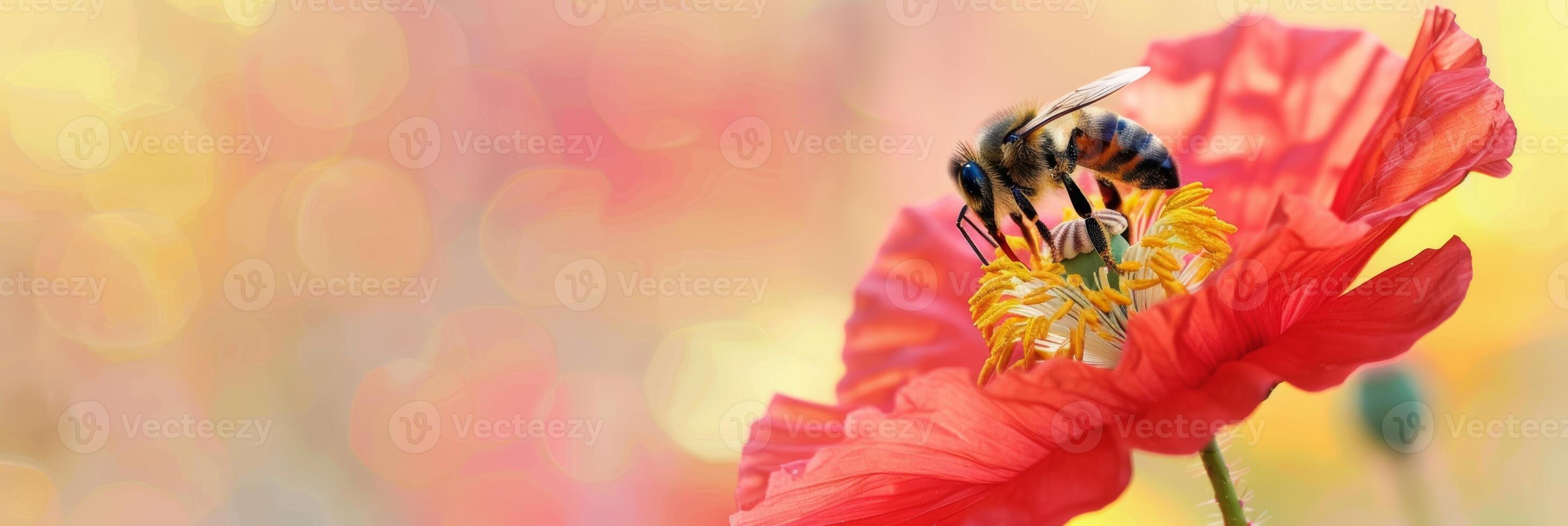 bee collects pollen from a vibrant poppy, macro shot, isolated on a gradient background , empty space for text photo