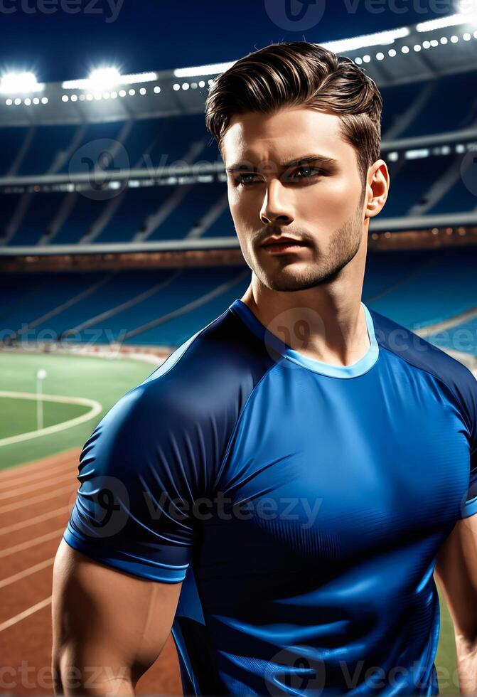Handsome animated male character in sportswear posing in a stadium, ideal for fitness promotions and sporting events like the Olympics photo