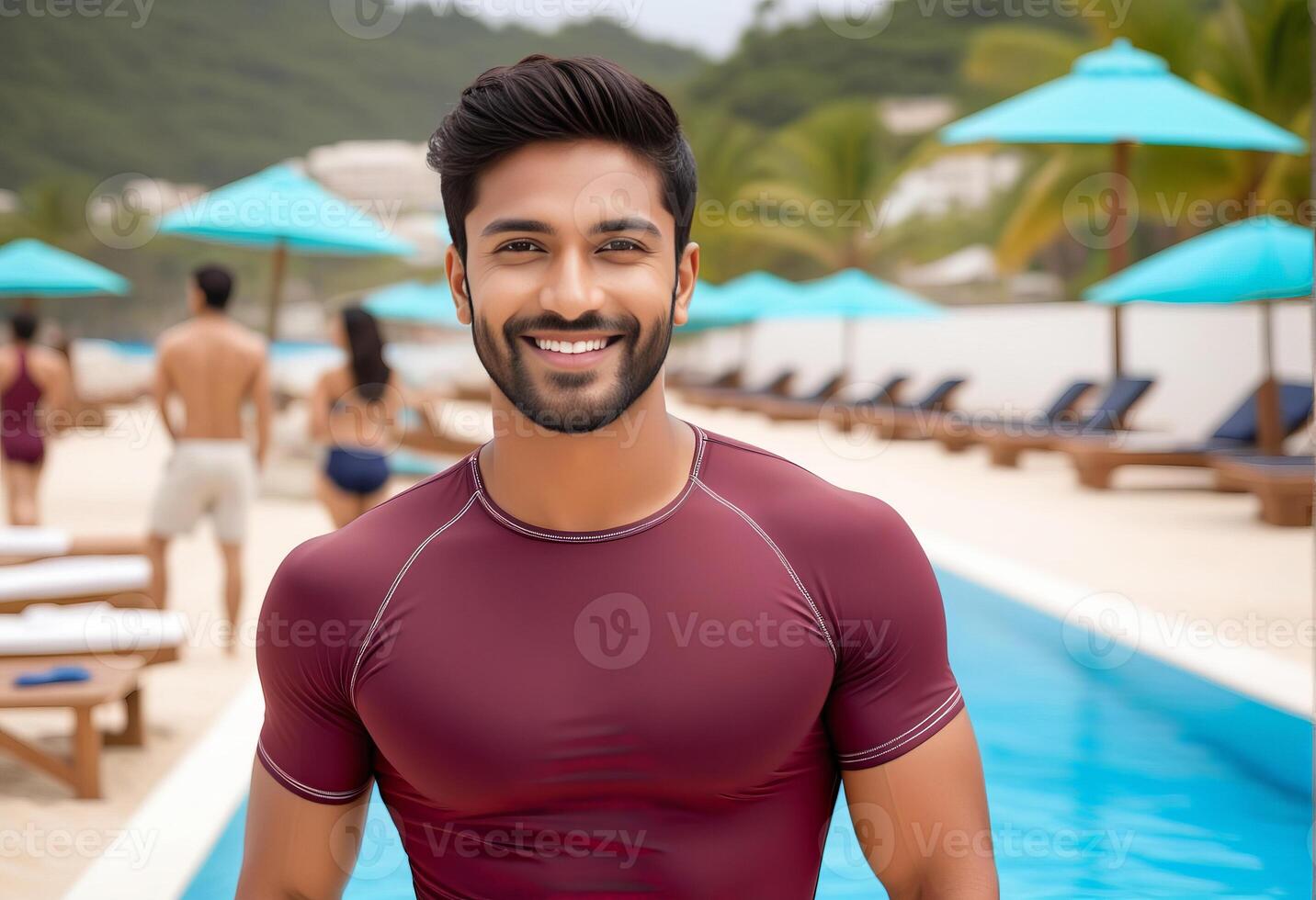 Smiling Asian man in swimwear enjoying a summer vacation by the pool, ideal for travel, leisure, and holiday resort promotions photo