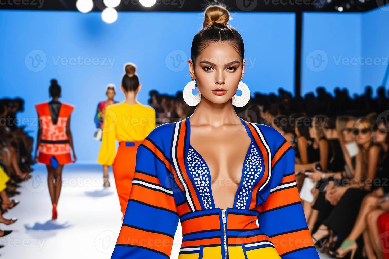 Fashion model wearing colorful designer dress on runway during Fashion Week, concept for haute couture and global fashion industry events photo