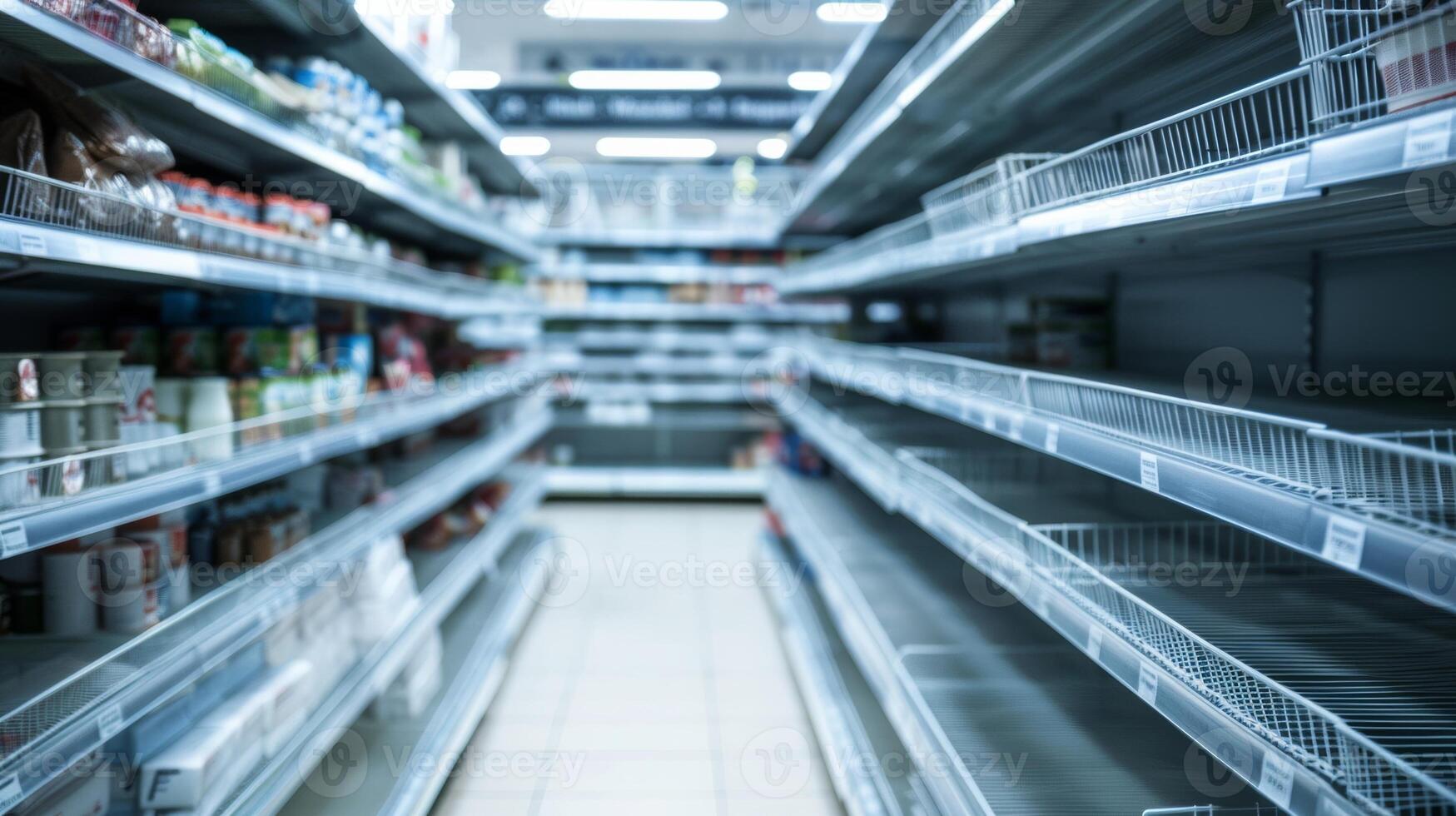 empty grocery shelves, panic buying concept, background with empty space for text photo