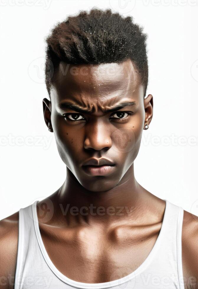 Confident young African male with fashionable hairstyle and piercing eyes posing in a white tank top, suitable for themes of youth culture and diversity photo