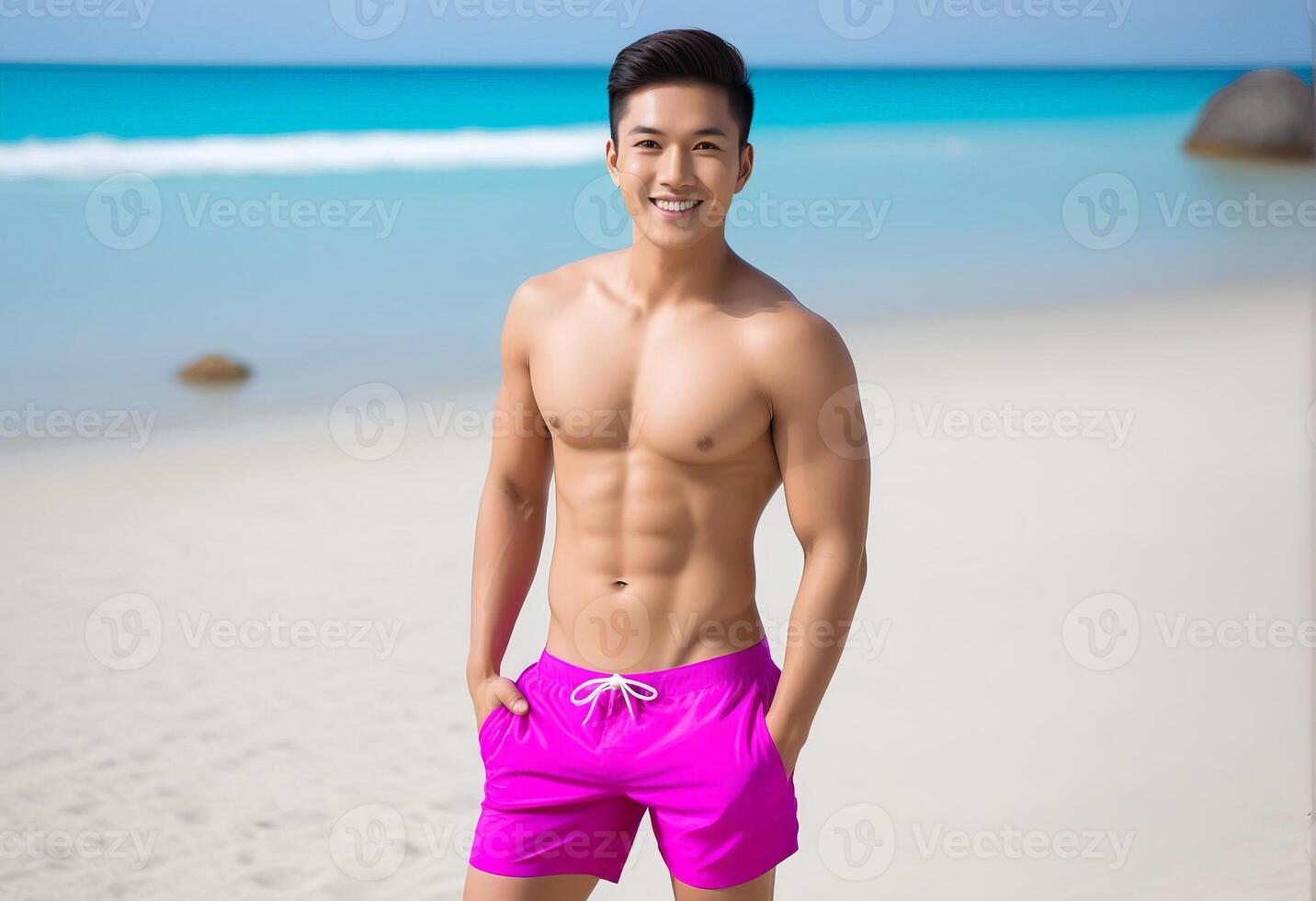 Asian man smiling in pink swim shorts on a sunny beach, ideal for travel, fitness, and summer holiday concepts photo