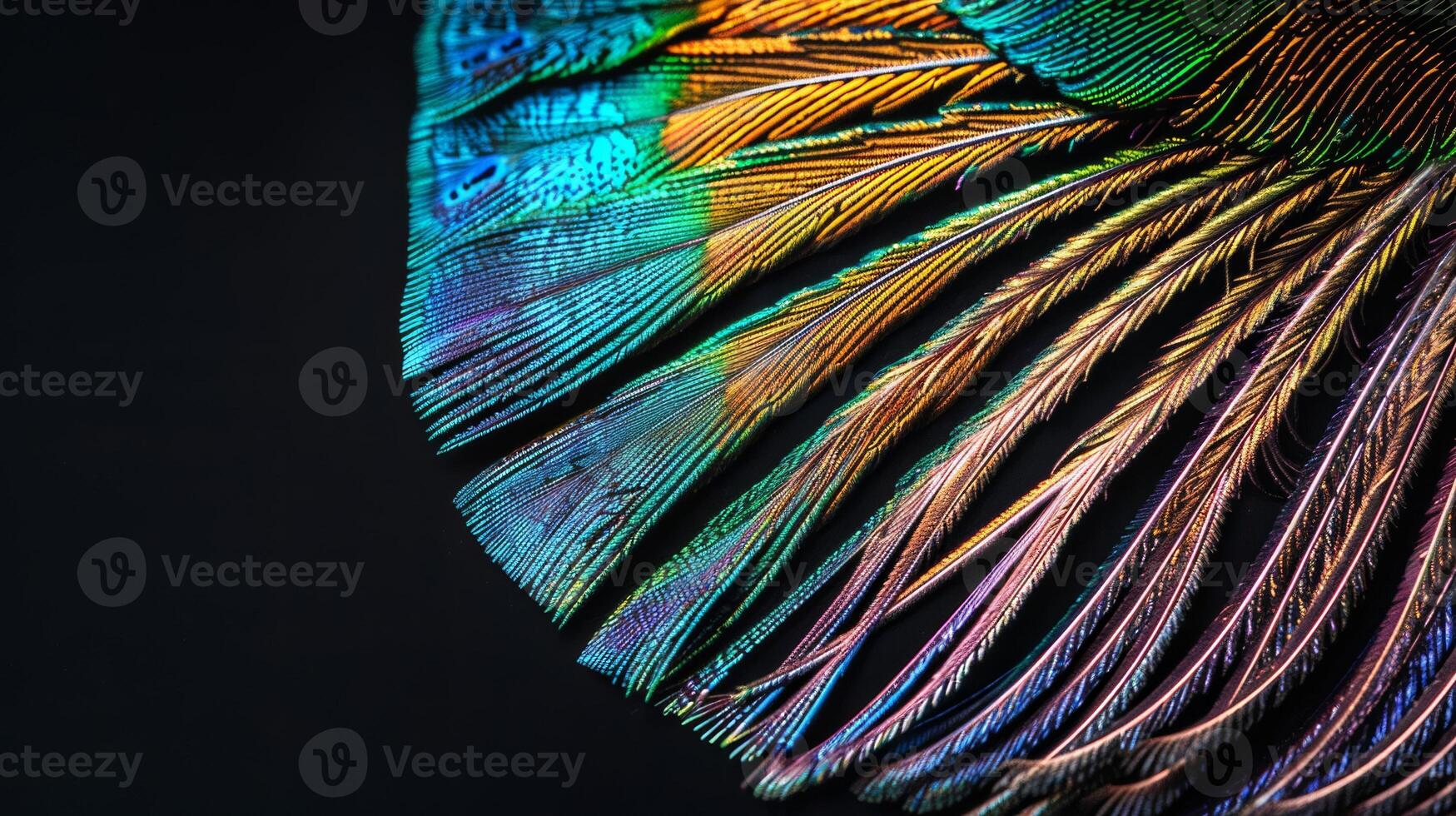 close up of a colorful peacock feather, detailed texture, isolated on black background photo