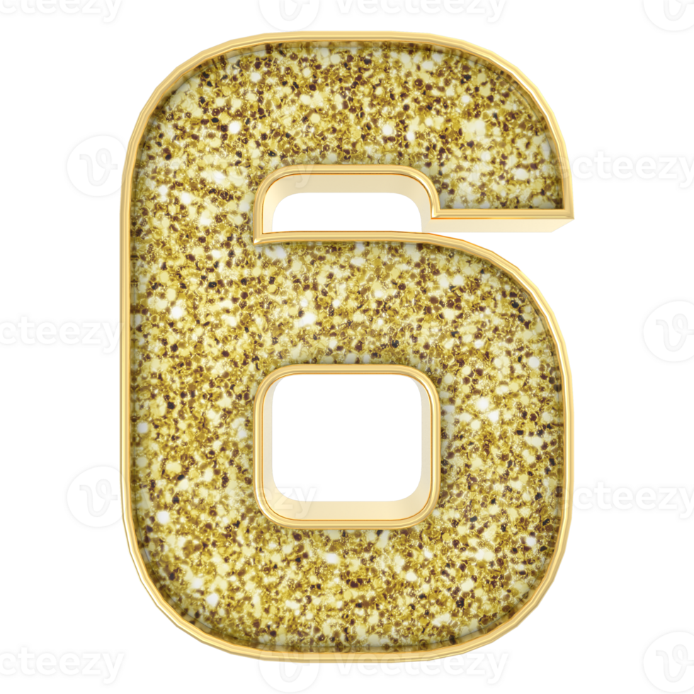 6 Number Gold 3D Render png