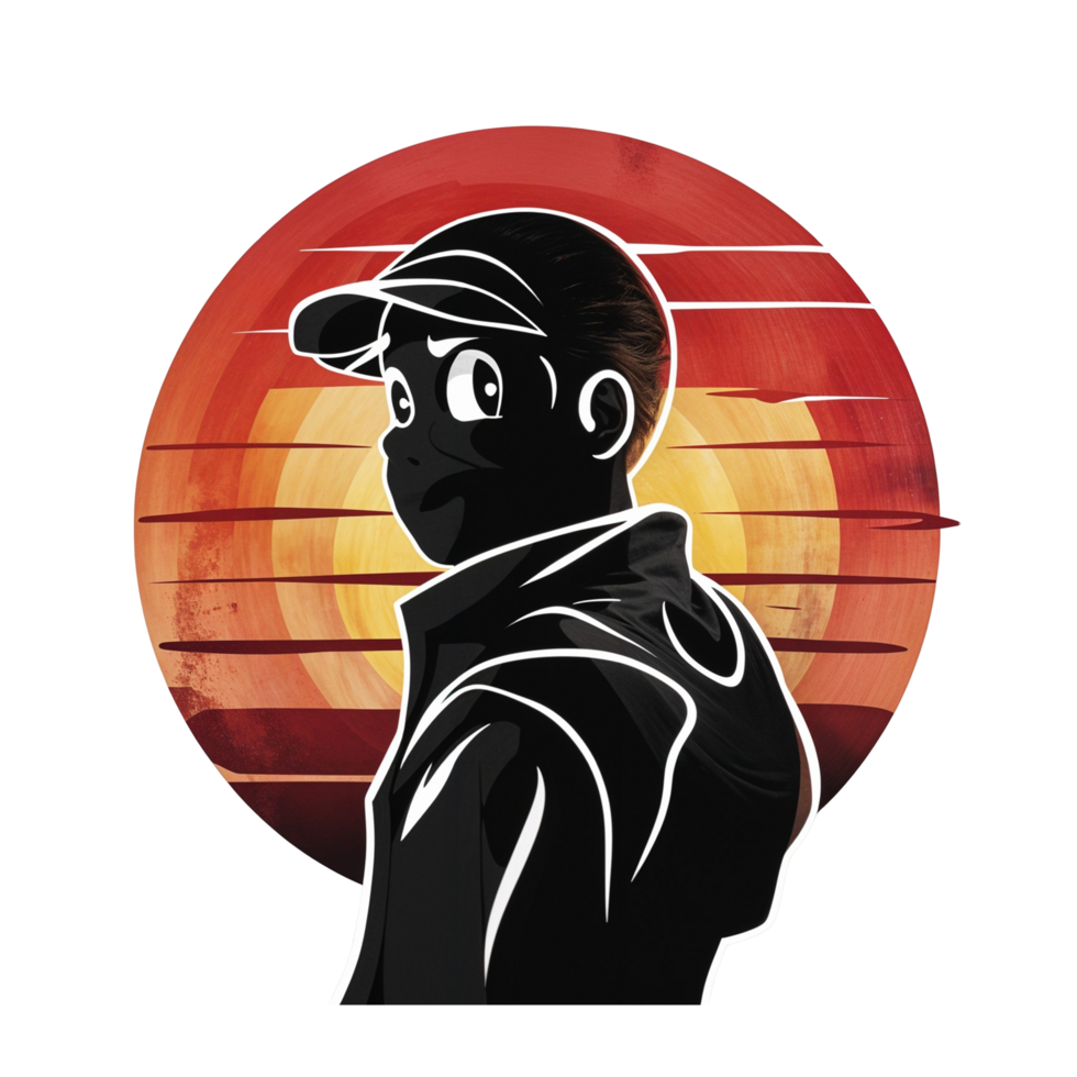 T-shirt design Illustration of a man in a baseball cap and jacket is standing in front of a sunset transparent background png