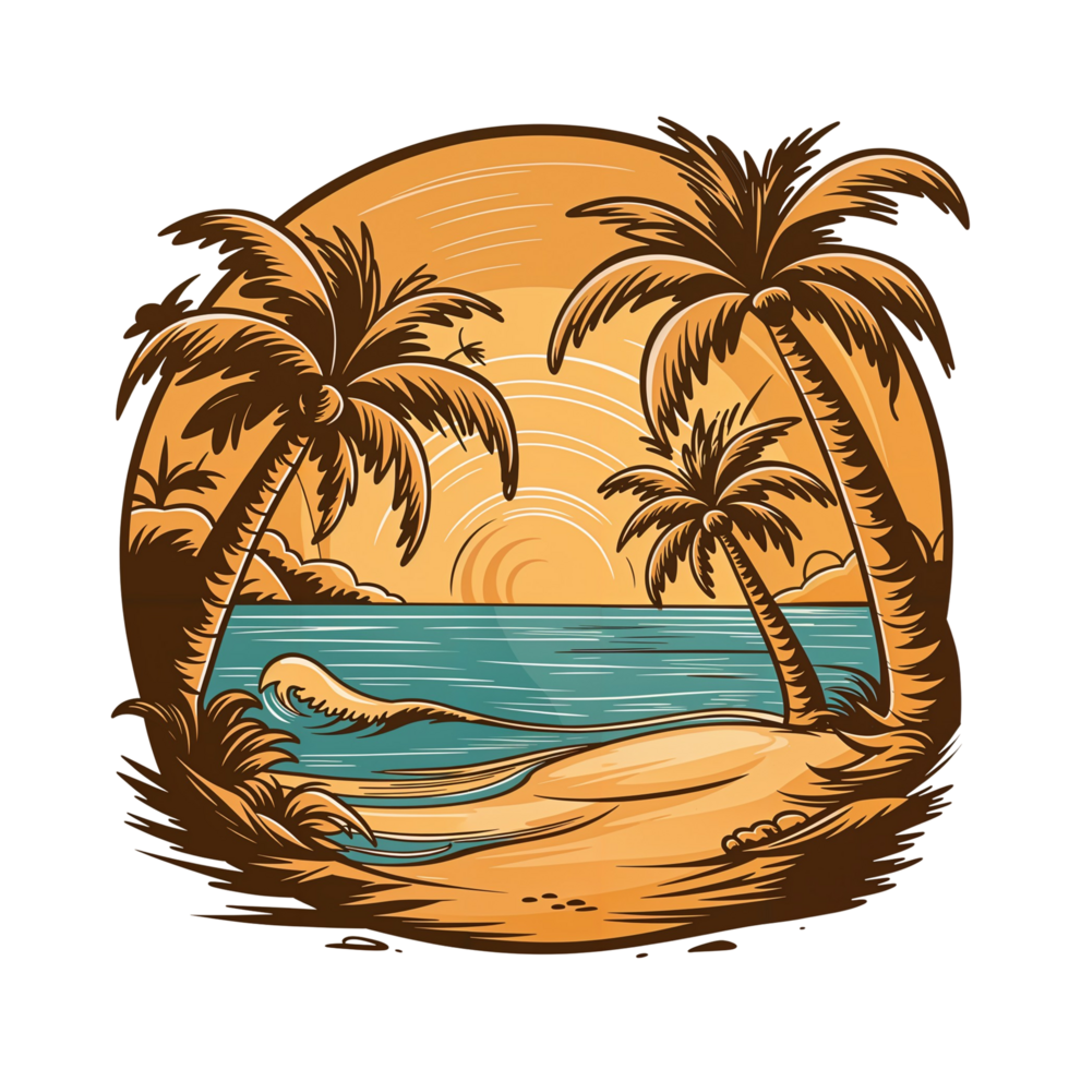 T-shirt design of tropical beach with palm trees and waves transparent background png