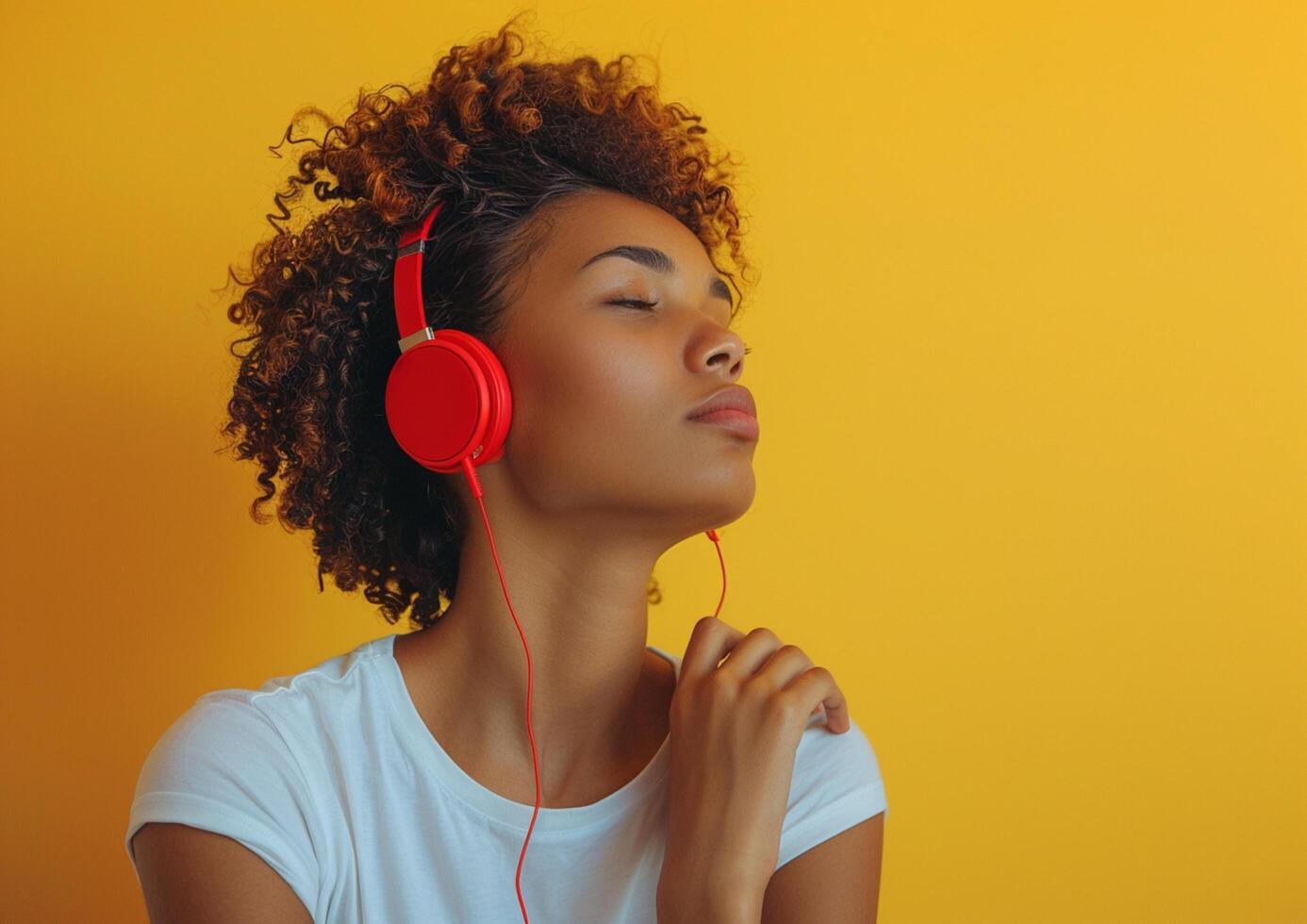 Young woman wearing white t-shirt in modern red headphones on yellow background generated by AI. photo