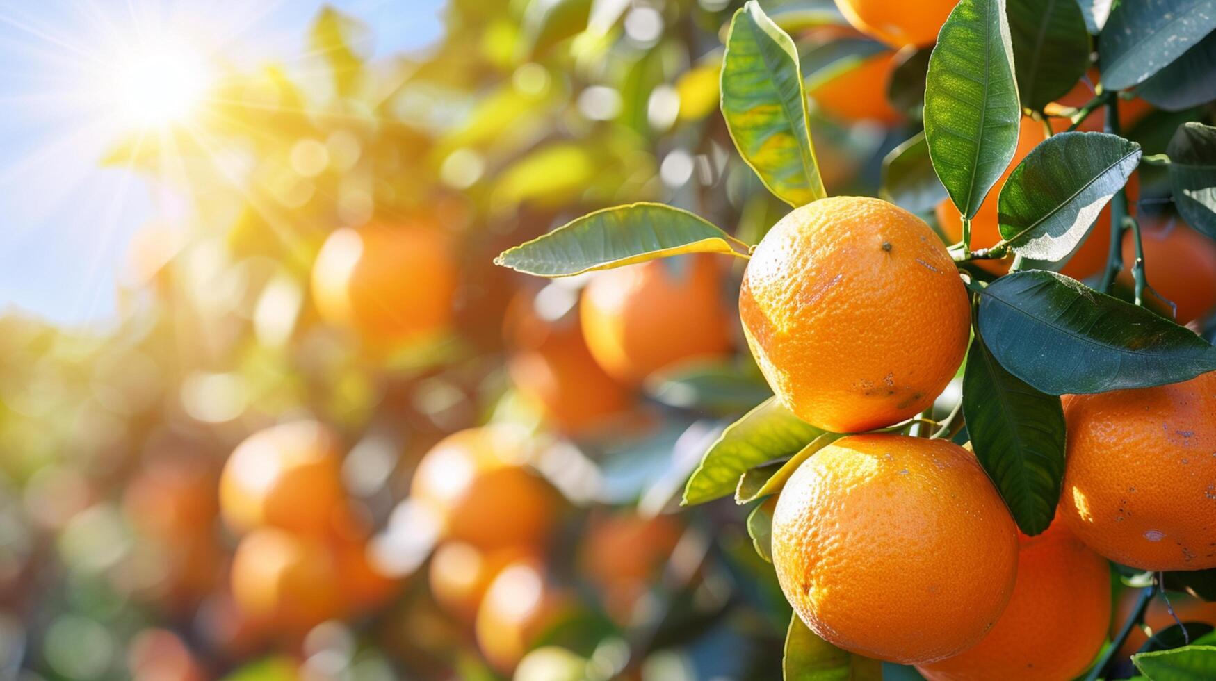 Close-up of oranges growing in an orange grove under bright sun and blue sky generated by AI. photo