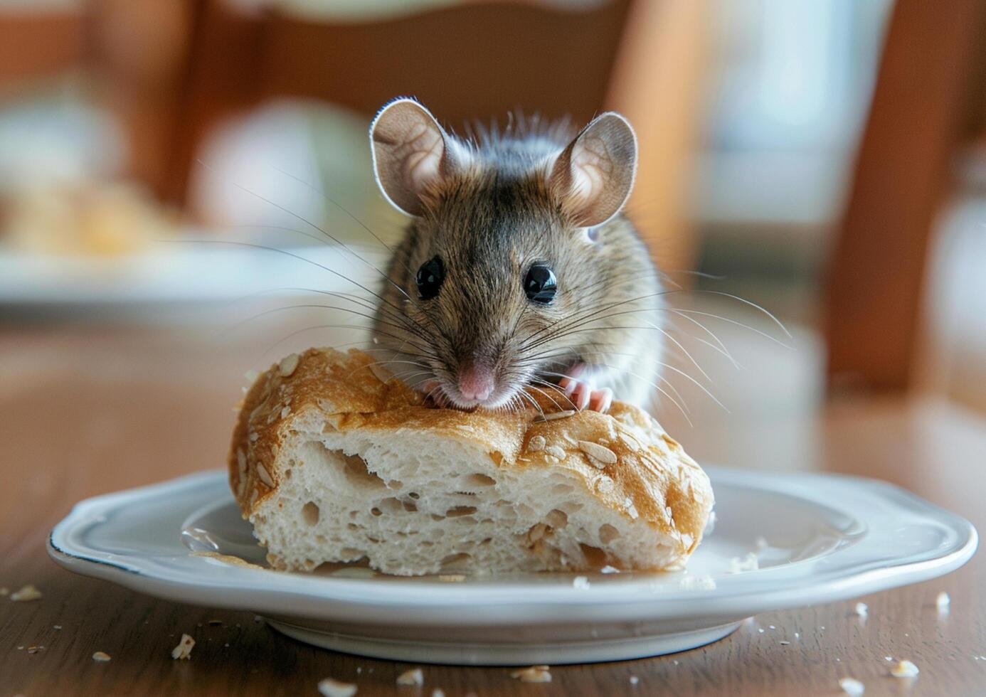 A rat is eating the bread in the plate generated by AI. photo