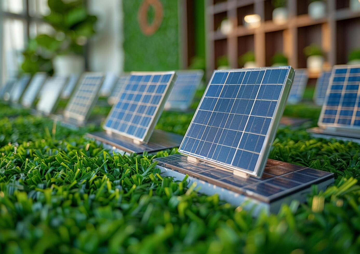 A row of sleek, blue solar panels rest on a bed of green grass generated by AI. photo