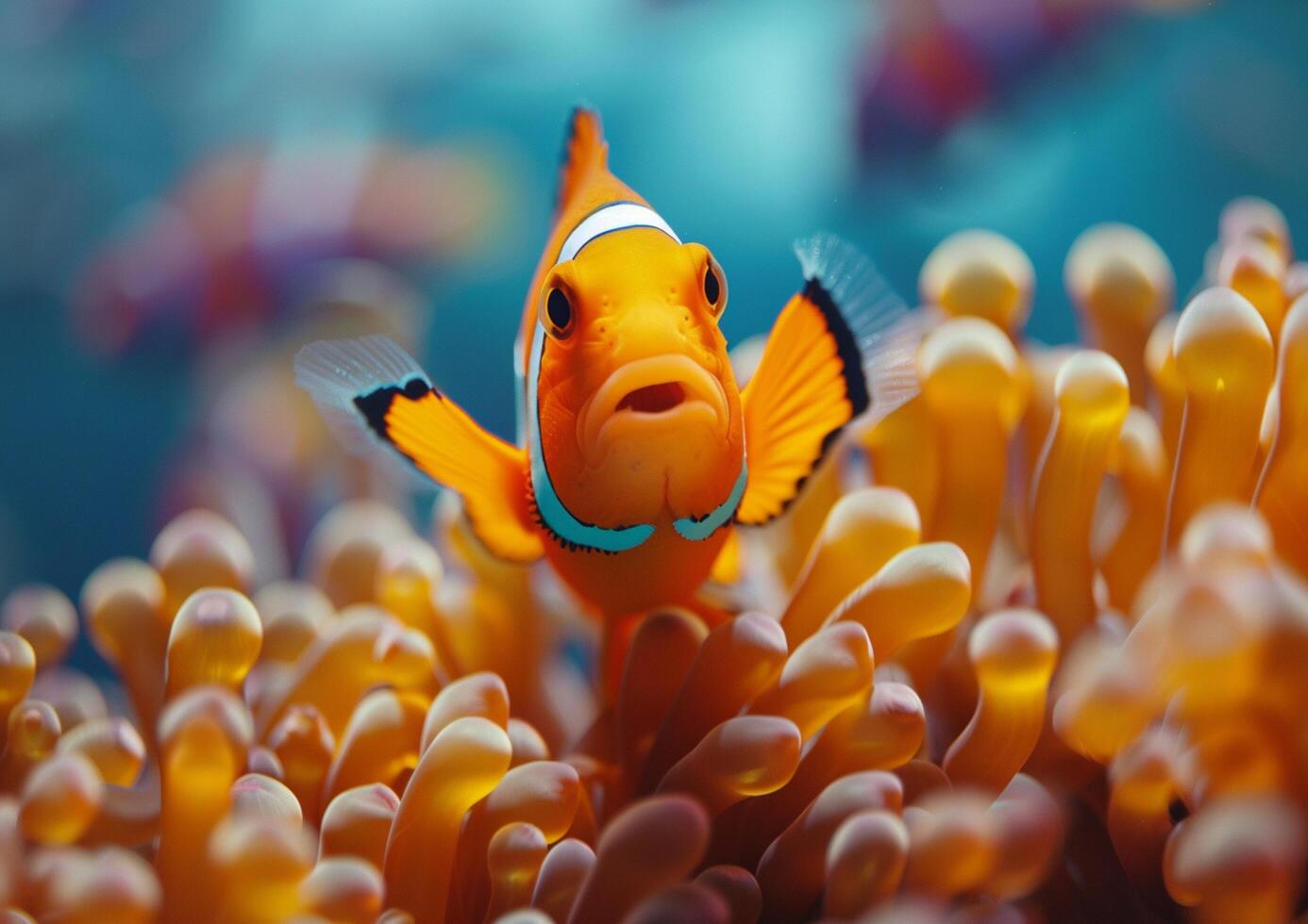 A colorful clownfish with orange stripes and a white body swims next to a vibrant sea anemone with pink tentacles generated by AI. photo