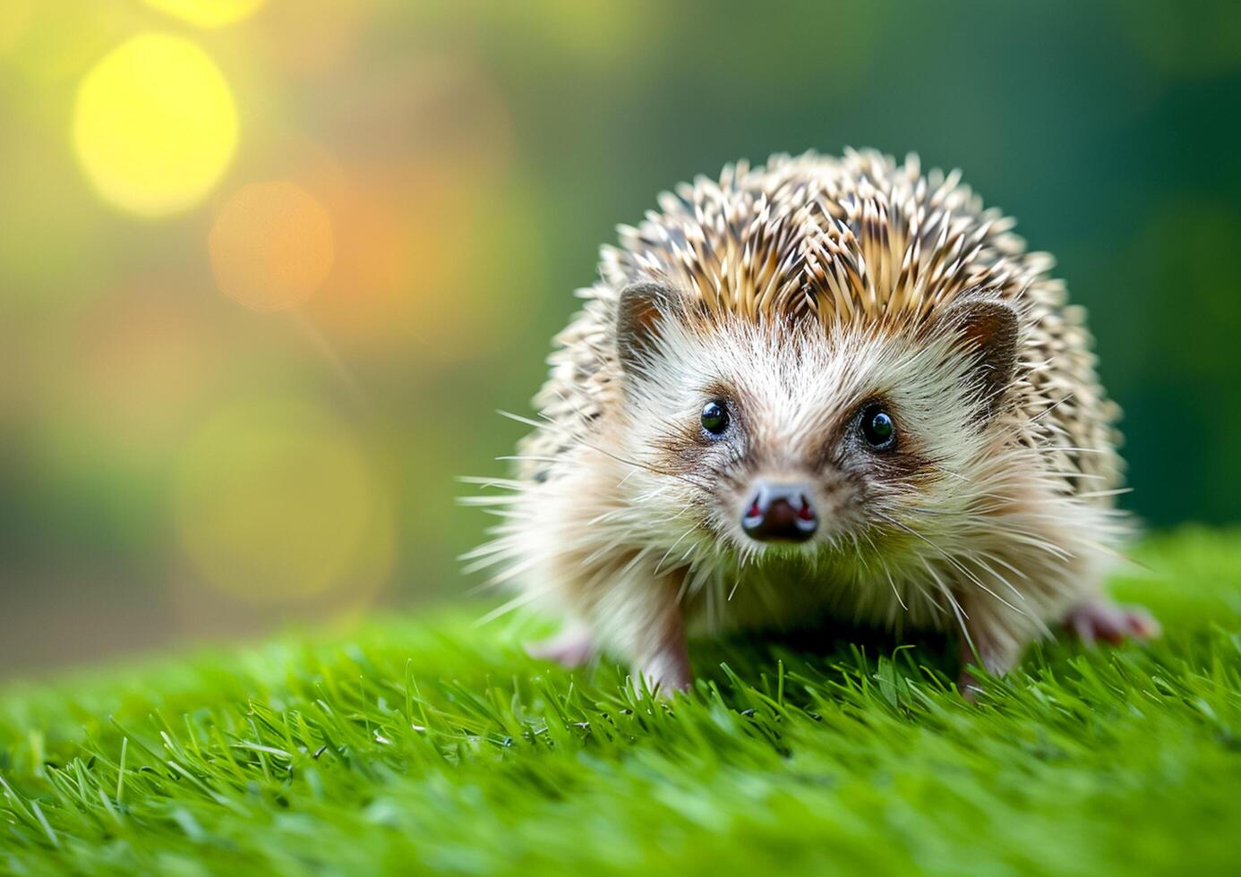 A close-up of a hedgehog on green grass, a small mammal known for its spiky coat. Hedgehogs are insectivores that help to control garden pests generated by AI. photo