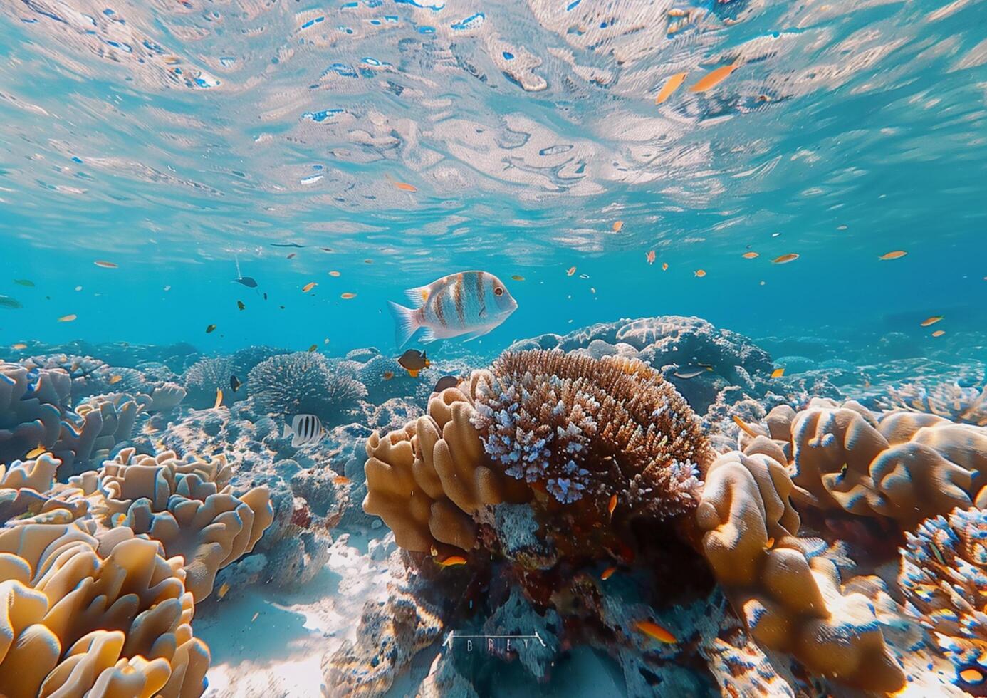 A colorful coral reef teeming with various fish species generated by AI. photo