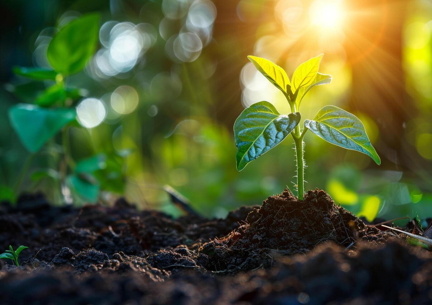The seed is growing from the rich soil to the morning sunlight generated by AI. photo