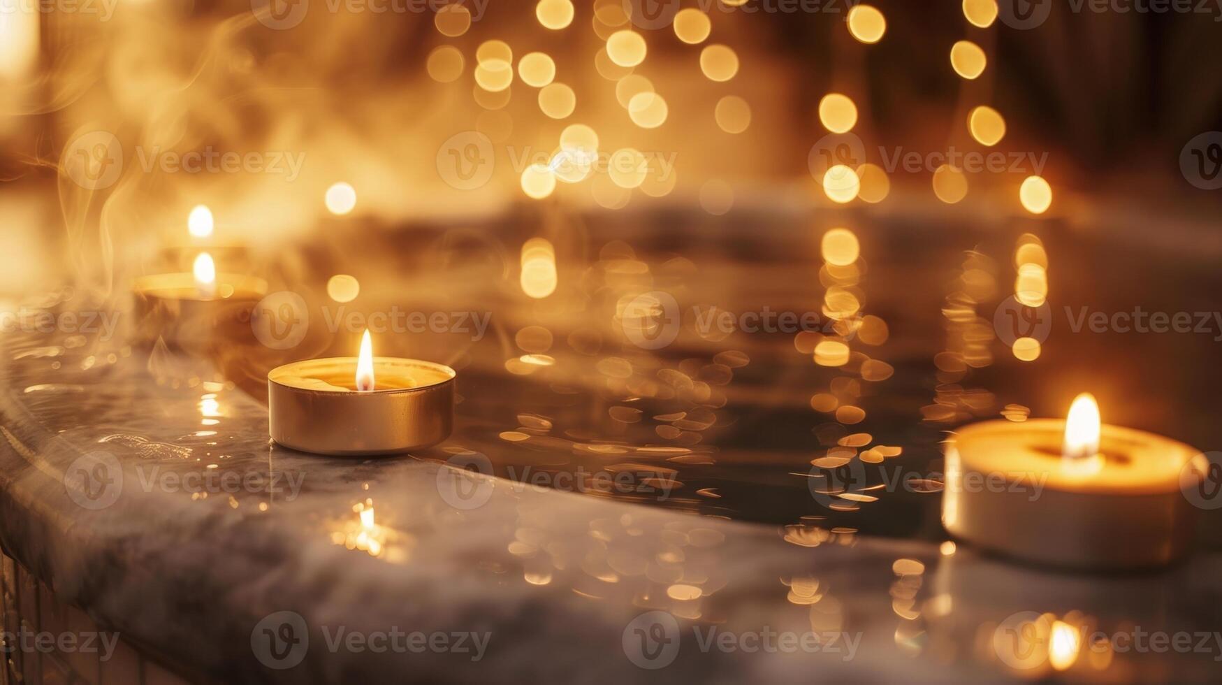 A marble bathtub is filled with steaming water adorned with floating candles that dance along the surface. The soft light creates a calming ambiance and invites you 2d flat cartoon photo