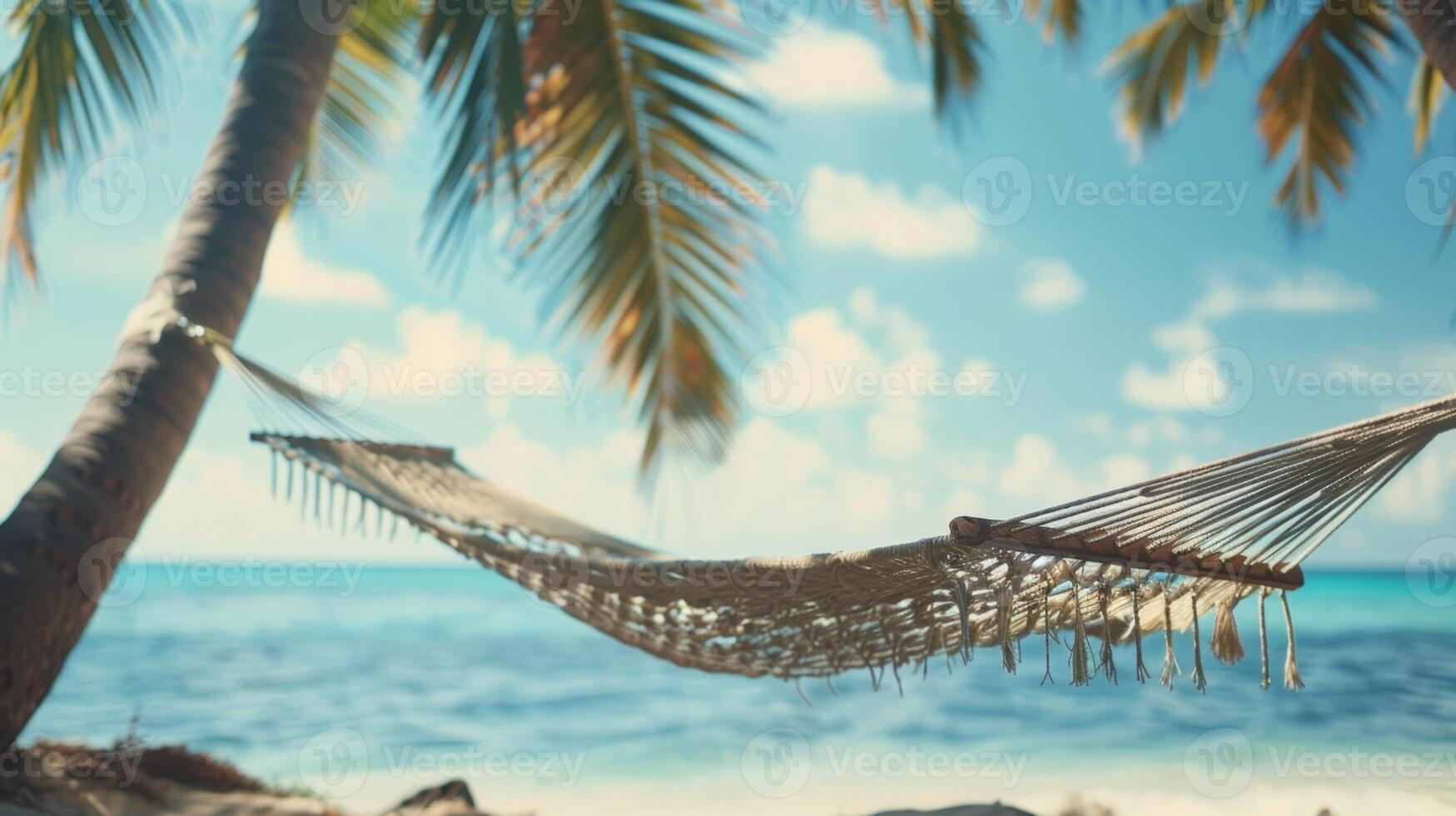 A hammock strung between two tall palm trees gently swaying in the ocean breeze photo