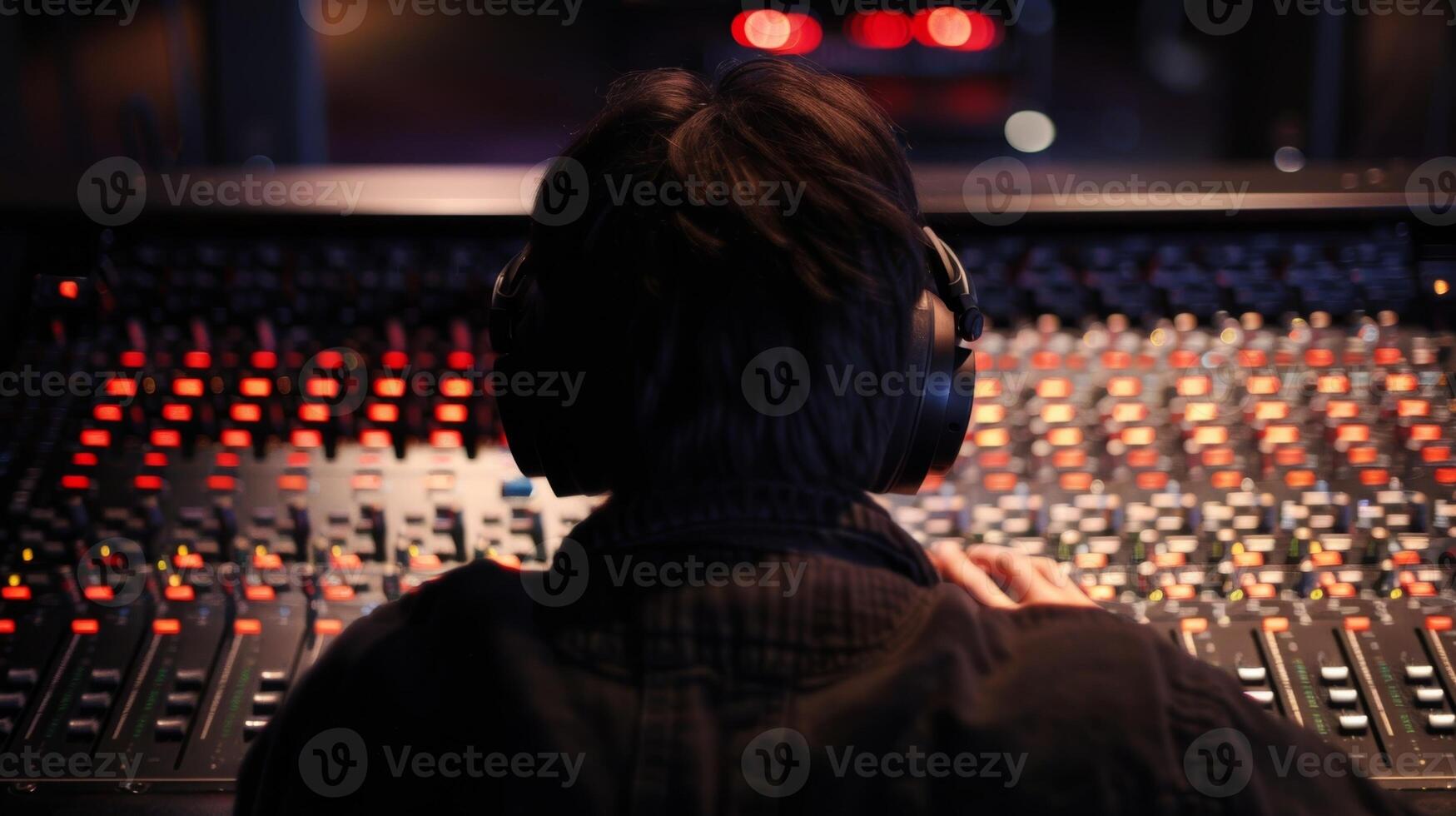 A person sits in front of a premium sound system adjusting the equalizer to perfection photo