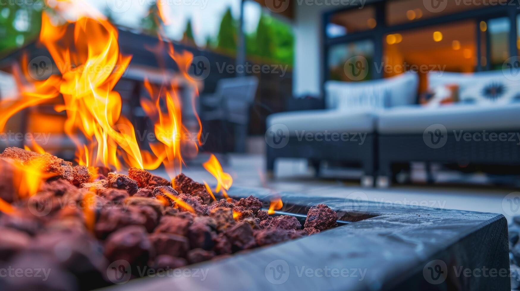 The outdoor patio is transformed into a cozy outdoor living area with the help of a contemporary fireplace producing a bold and vibrant red flame. 2d flat cartoon photo