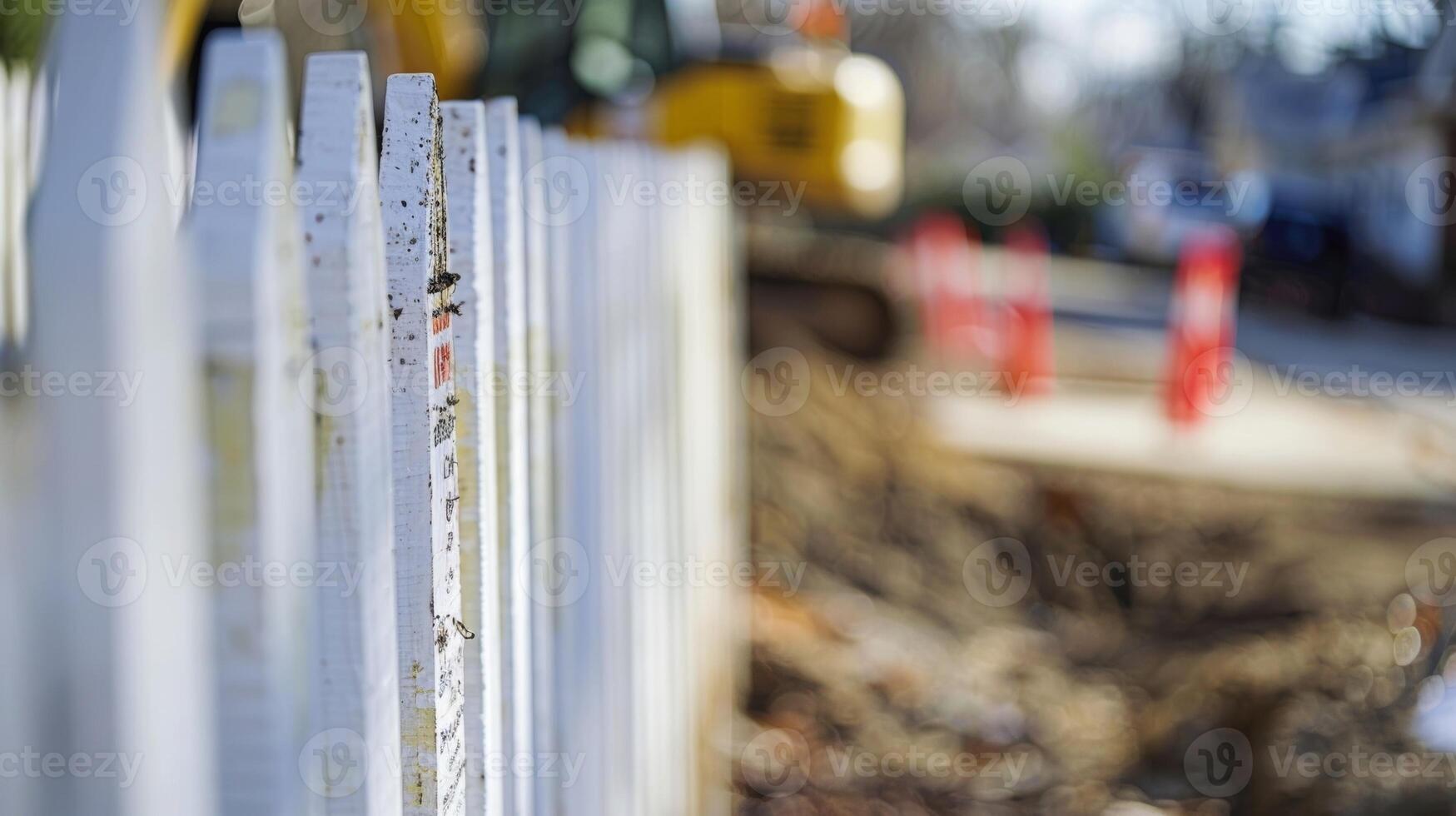 A detailed shot of a construction notice informing passersby of the project timeline posted on a pristine white picket fence photo