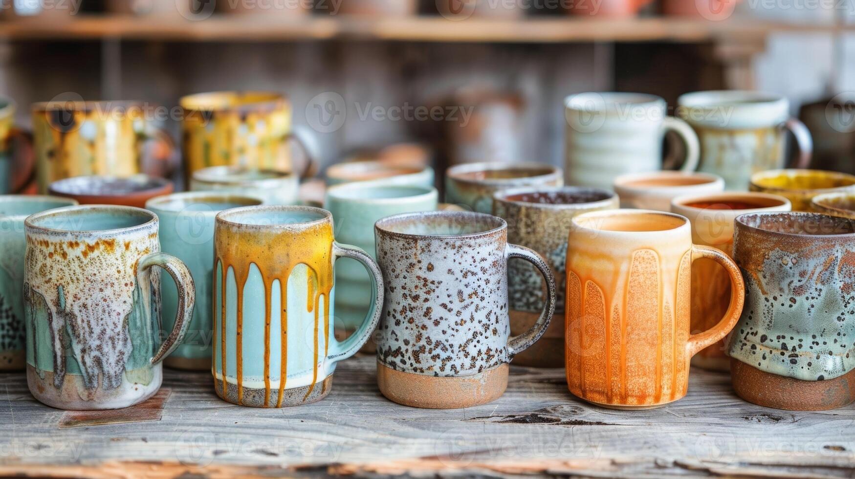 A set of rustic mugs each one unique with varied drip patterns and rough edges. photo