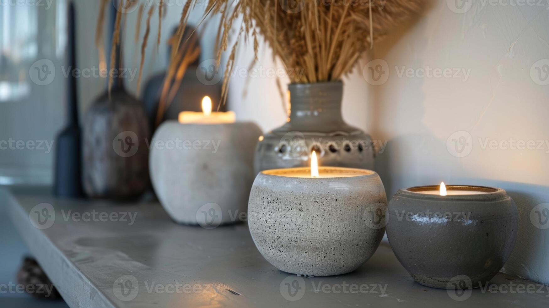 The simplicity of the concrete holders enhances the minimalist style of the room while the burning candles add a cozy touch. 2d flat cartoon photo