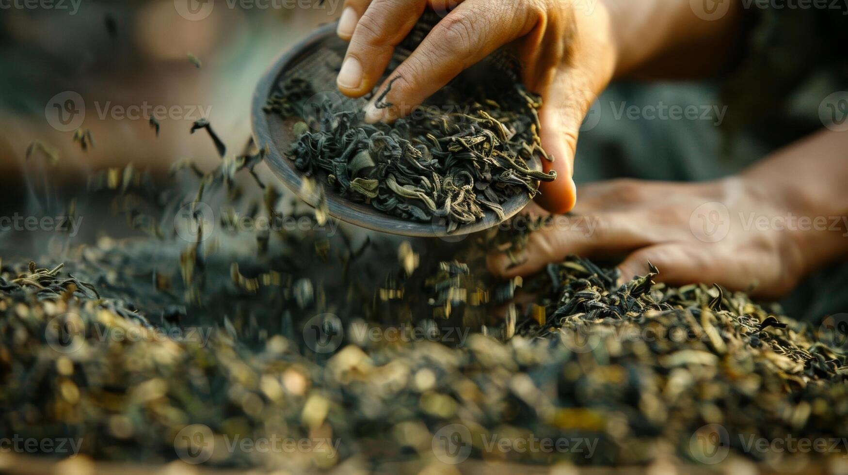 Close up of a persons fingers sifting through a pile of fragrant jasmine tea leaves photo