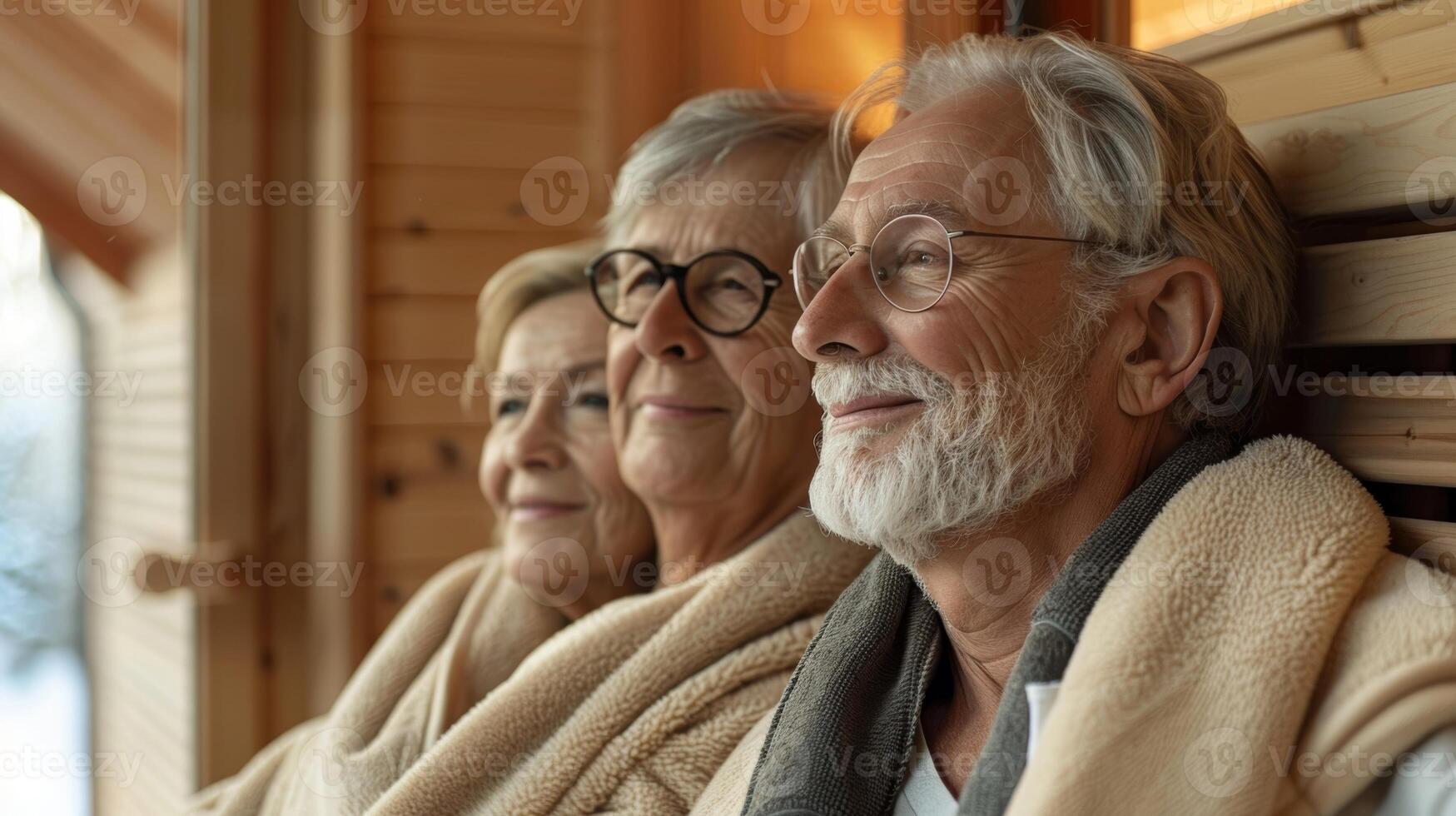 A photo of an elderly couple enjoying a sauna together thanks to thoughtful design elements that prioritize accessibility and comfort for all ages.