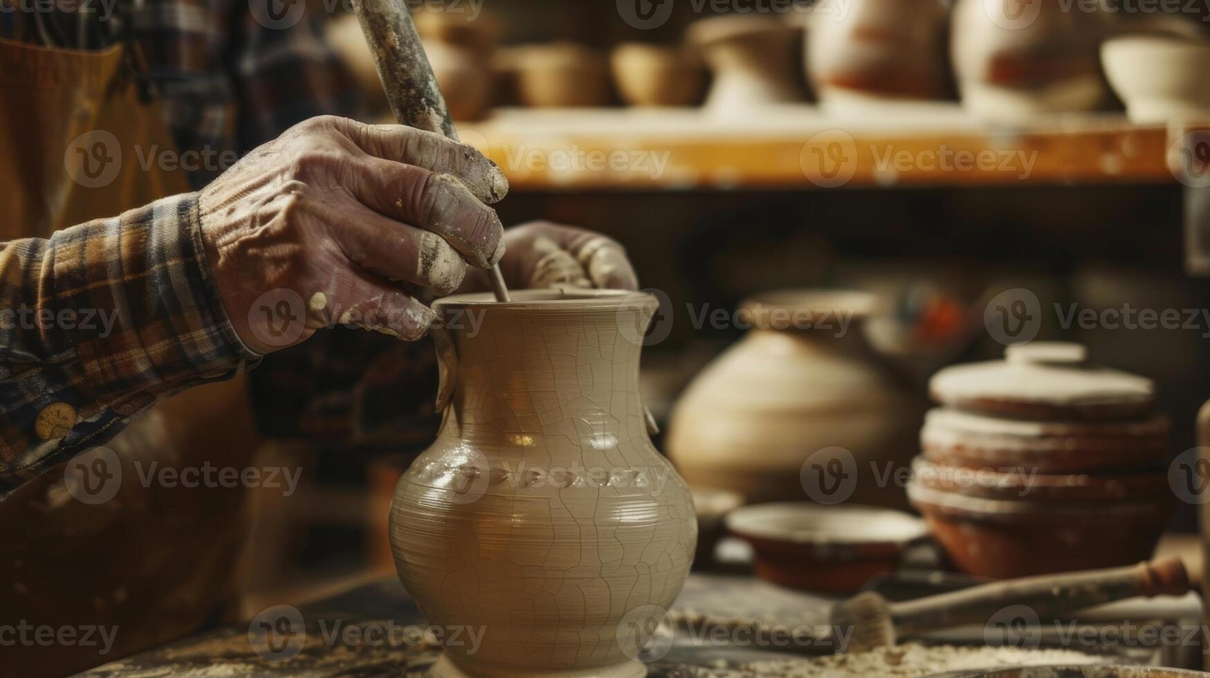 A seasoned potter using a t tool to smooth the edges of a ceramic lamp base adding the finishing touches to its elegant form. photo