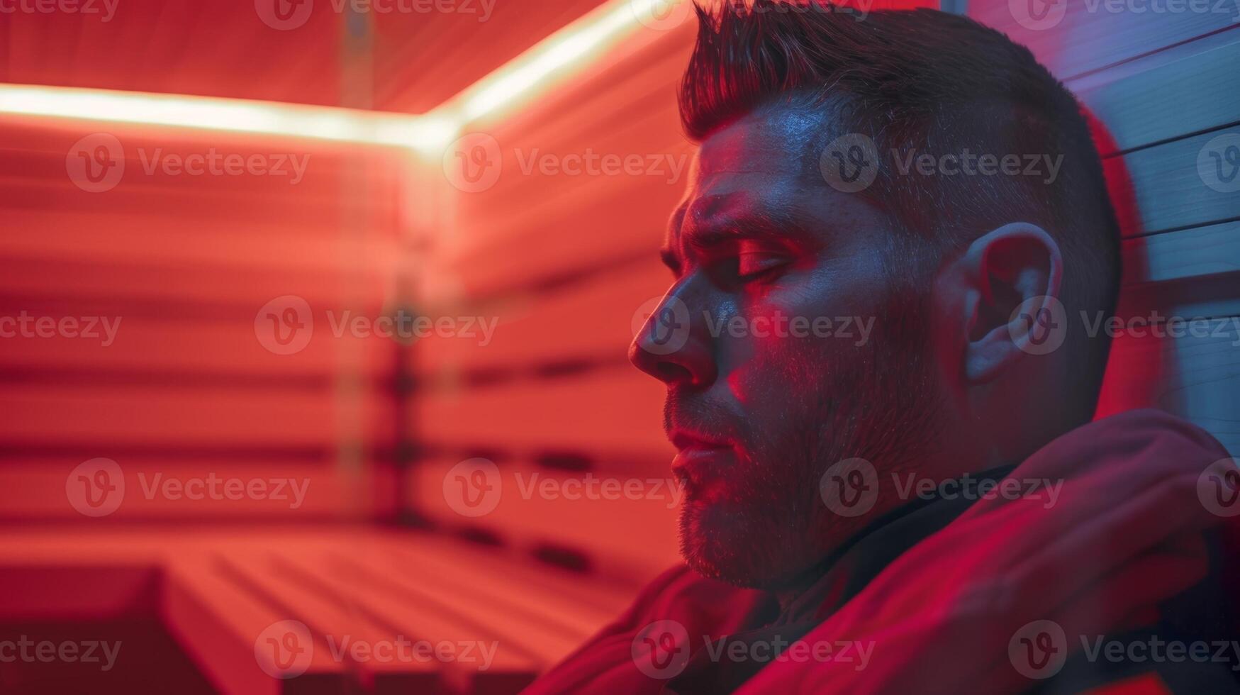 A firefighter meditating in the sauna using the quiet space and warmth to calm his mind and focus on his breathing. photo