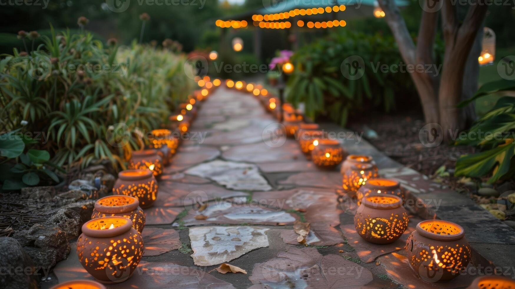 Guests marvel at the intricate handmade ceramic tea light holders that line the pathway to the outdoor DIY wedding ceremony. photo