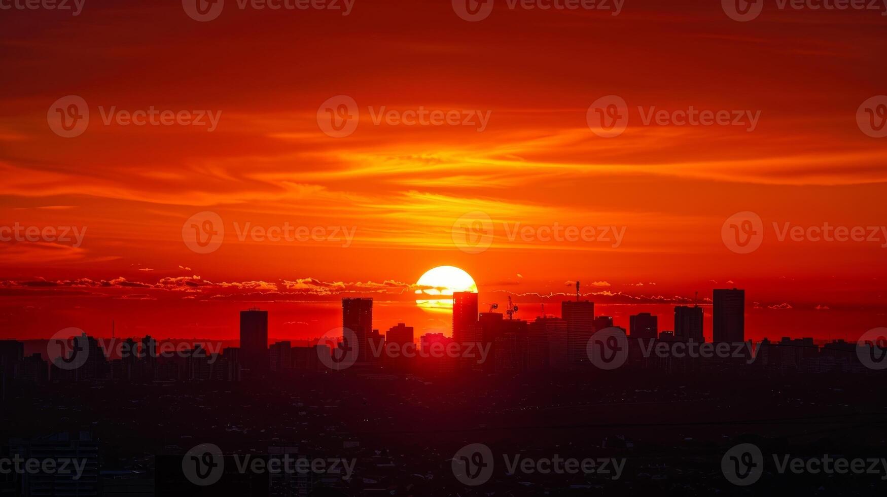 The breathtaking sight of the city skyline silhouetted against the orange and red hues of a fiery sunset. 2d flat cartoon photo