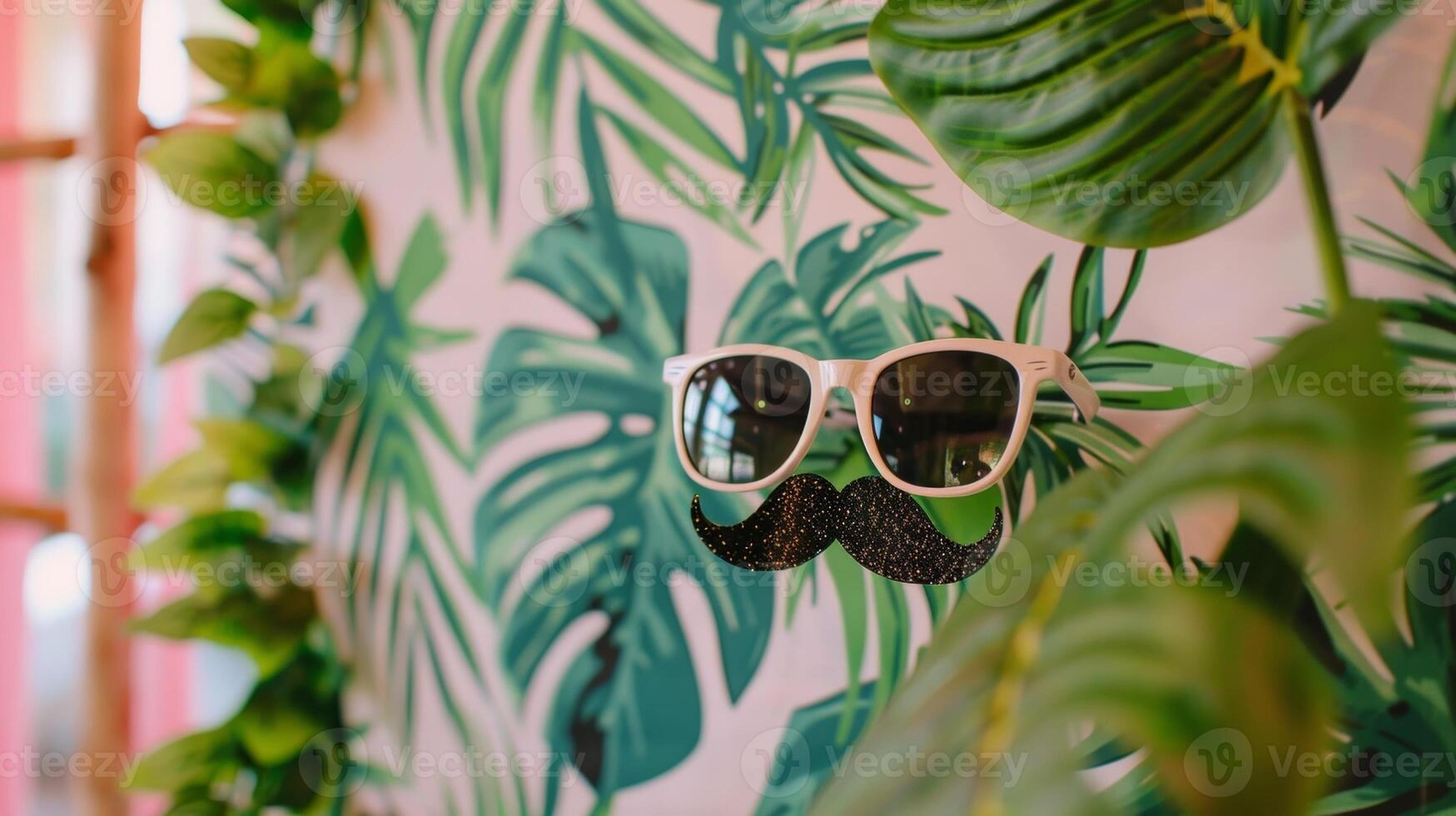 A photo booth area with a backdrop of botanical prints and props such as fake mustaches and oversized sunglasses for guests to take fun pictures