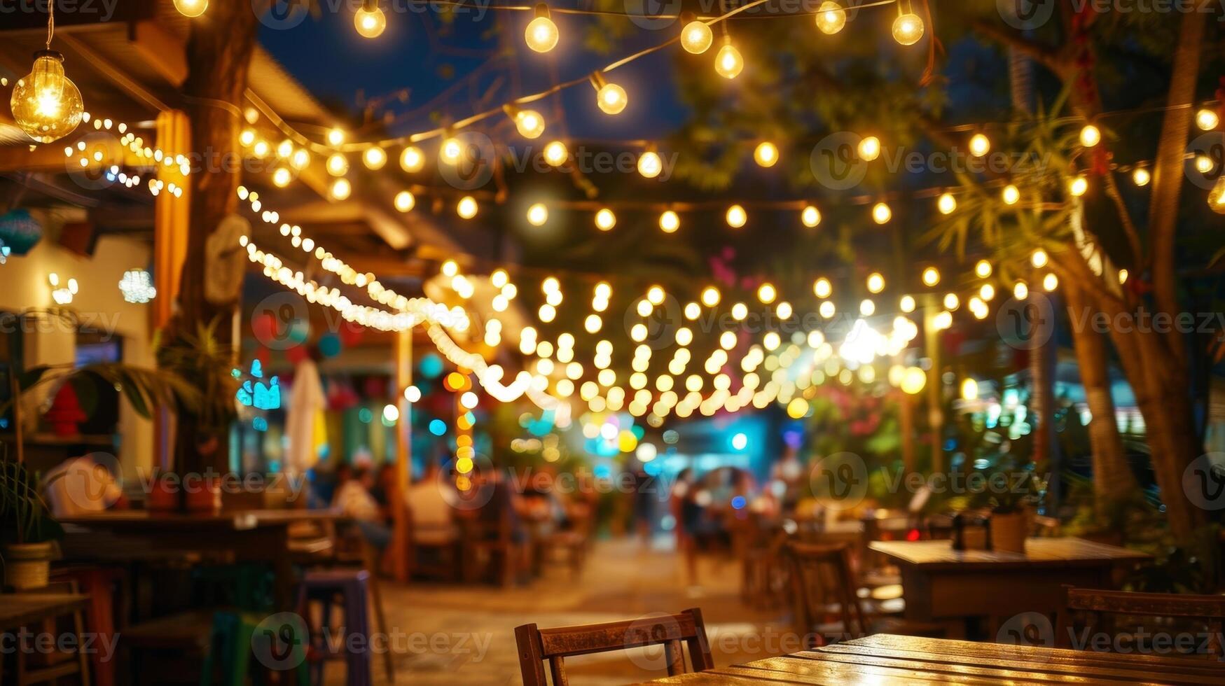 The warm glow of string lights illuminates the outdoor dining area as salsa enthusiasts indulge in a mix of Mexican and Caribbean flavors under the starry sky photo