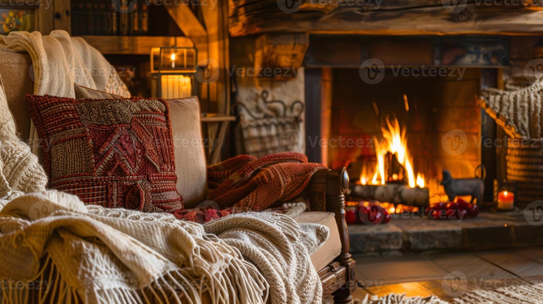 A quiet corner to curl up with a book and bask in the gentle heat of the crackling fireplace. 2d flat cartoon photo