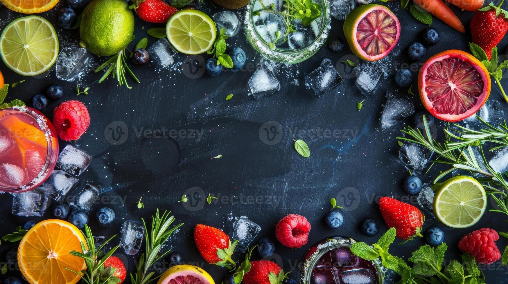 A variety of mocktail recipes and tips handwritten on a chalkboard surrounded by fresh fruits and herbs photo