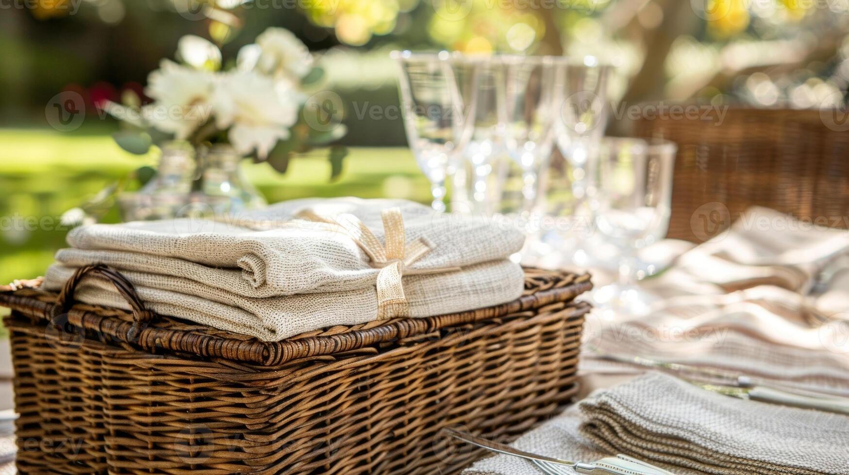 hecho a la medida picnic cestas lleno con todas el necesario gama alta picnic esenciales incluso tejidas a mano servilletas y cristal cristalería foto