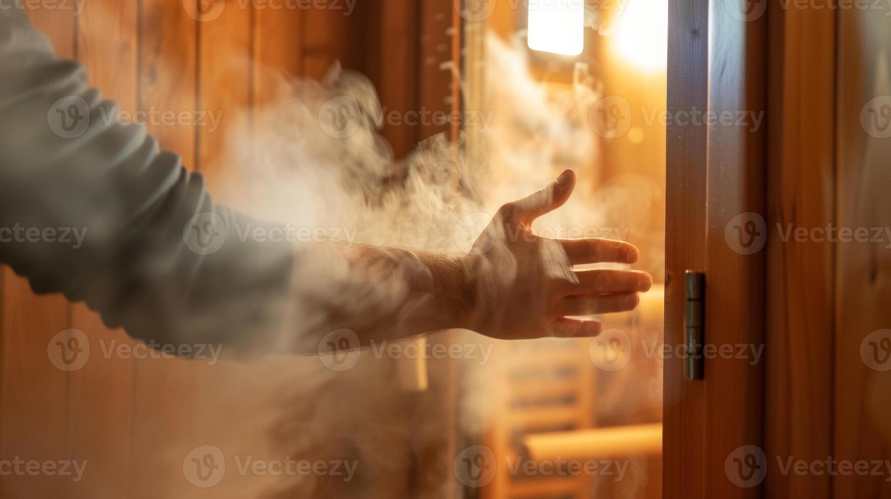 un individual entrando el sauna cuidadosamente clausura el puerta a garantizar vapor no escapar. foto