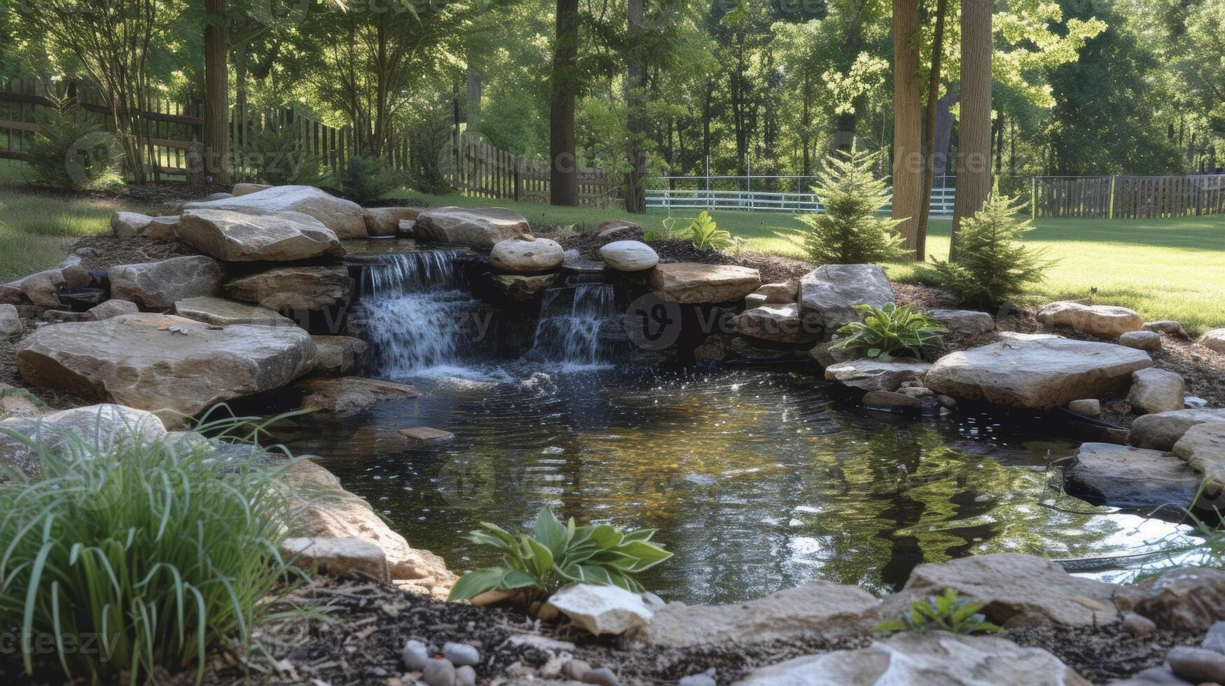 A backyard pond with natural rock formations and a small waterfall making it appear as if it has always been a part of the landscape photo