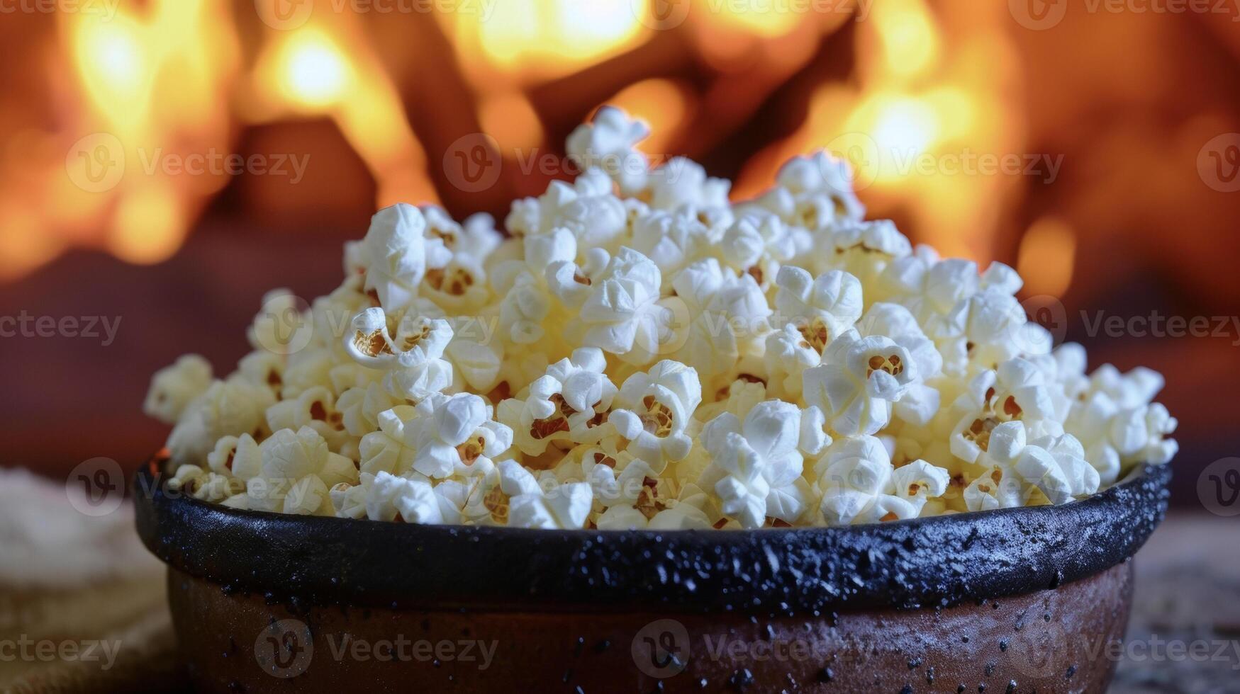 Transform your movie night into a cozy and delicious affair with our homemade fireplace popcorn cooked over a roaring fire and seasoned to perfection photo