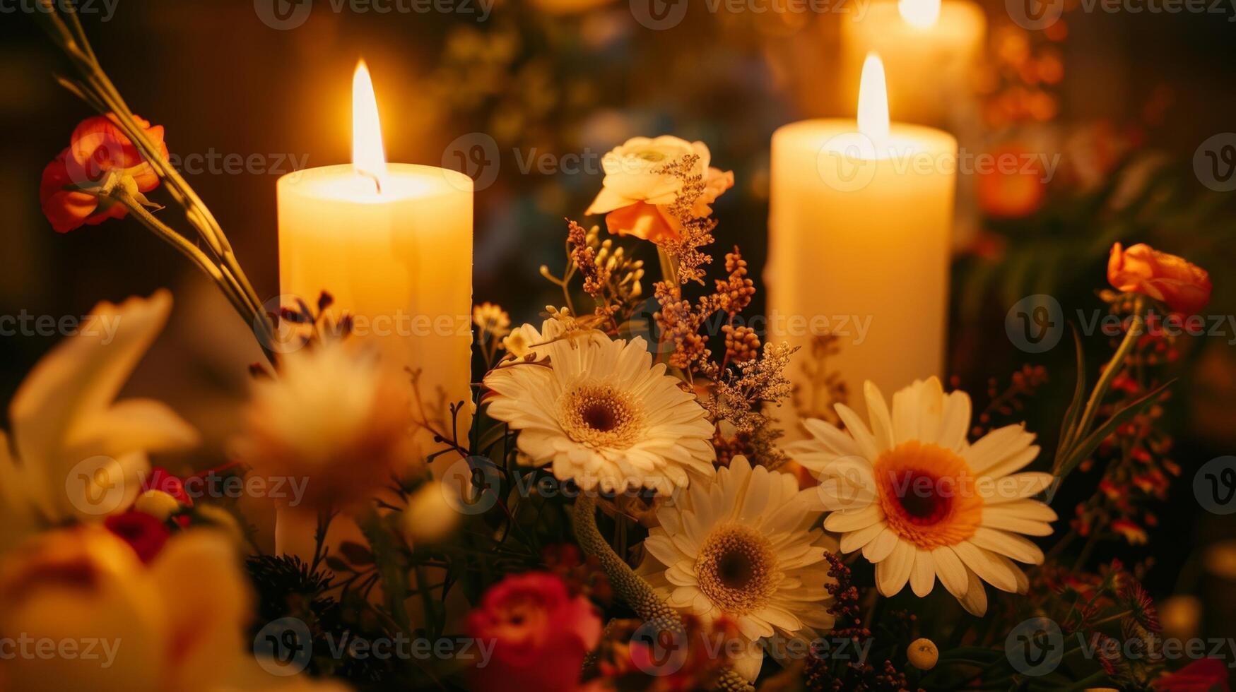 The warm light of the candles brings out the rich colors and textures of the various flowers and plants being used in the class. 2d flat cartoon photo