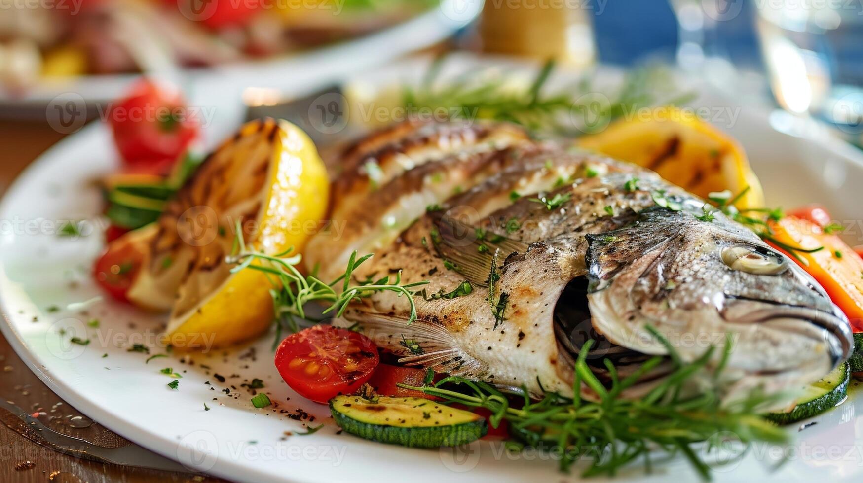 A beautifully arranged plate of fresh grilled fish caught sustainably and served with locally grown vegetables photo