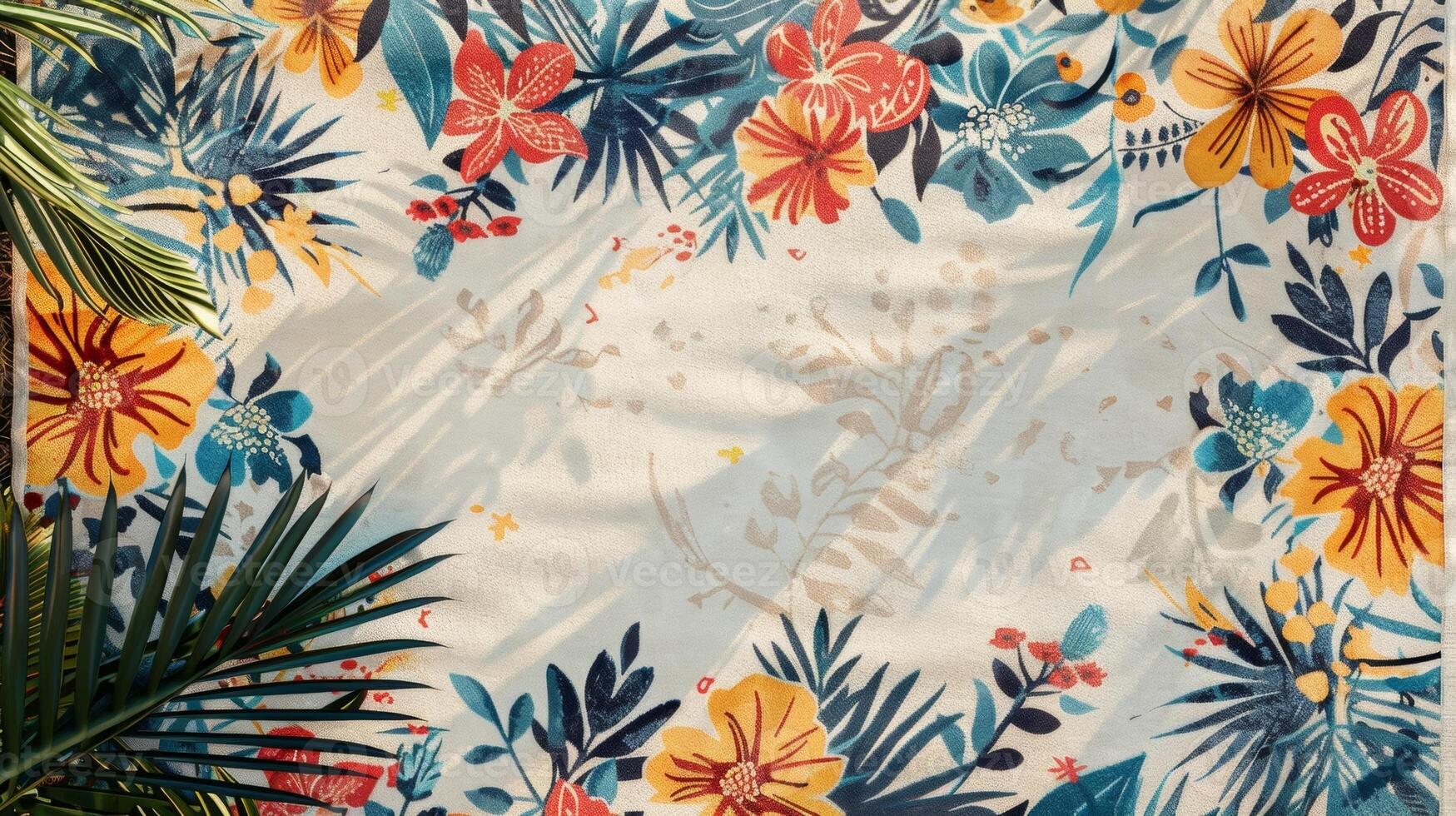 Blank mockup of a beach towel with a retroinspired floral print photo