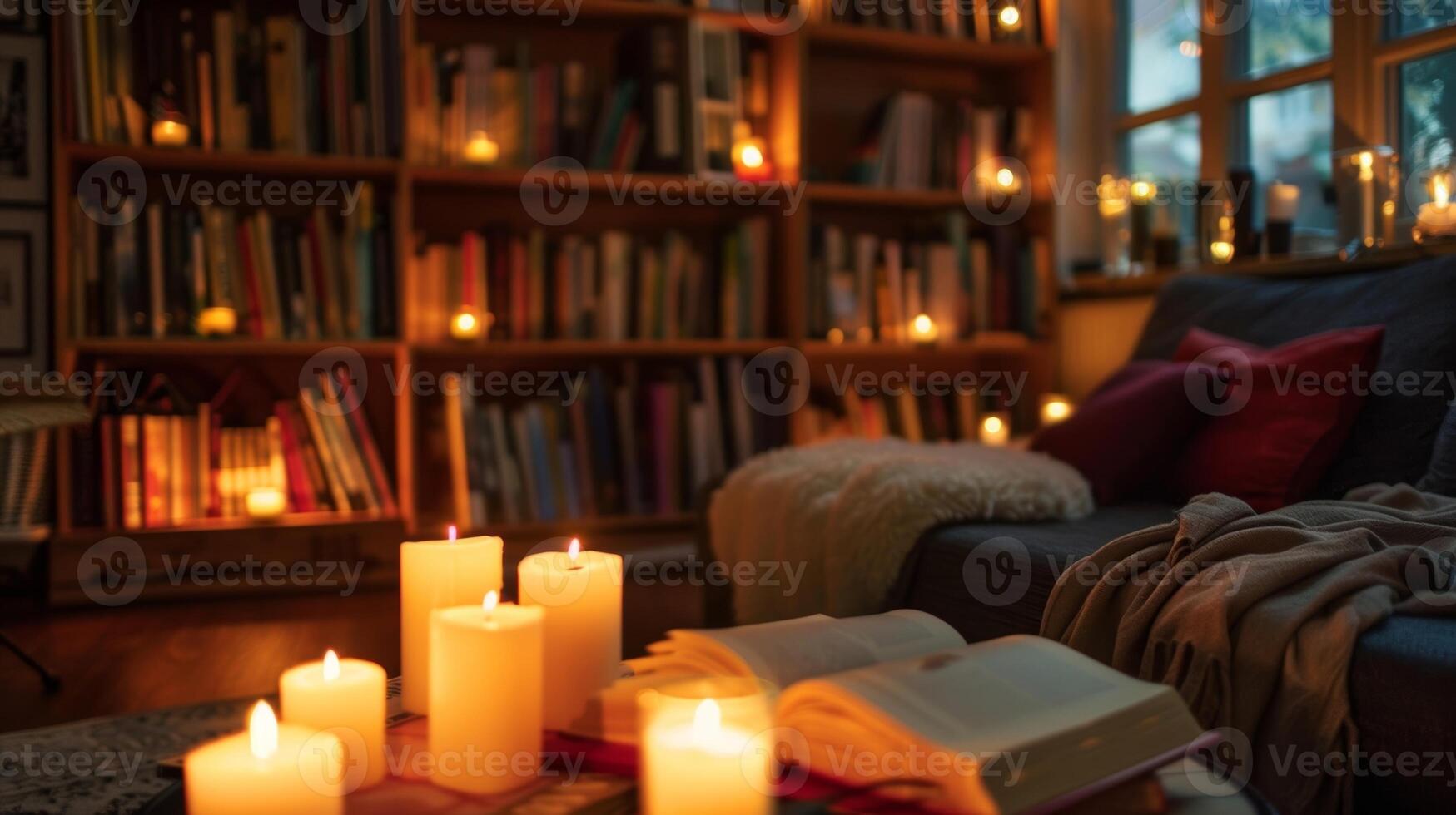 A floortoceiling bookshelf provides the backdrop for a tranquil reading nook its shelves lined with candles of various sizes. 2d flat cartoon photo