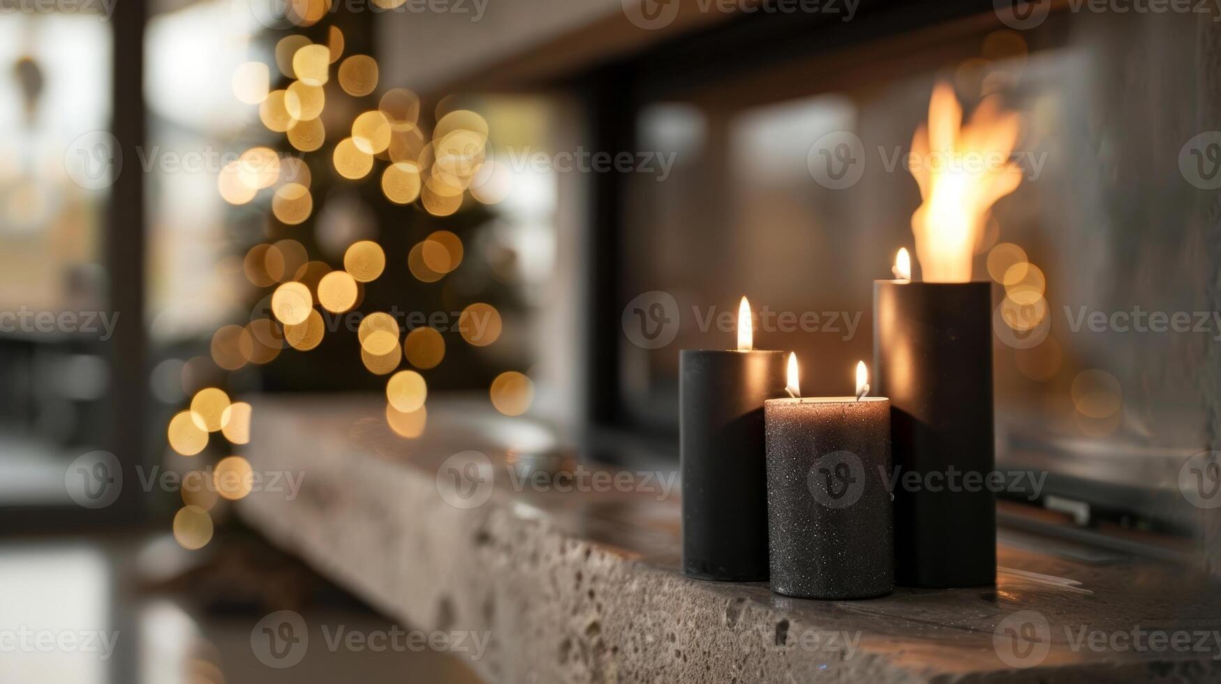 A modern fireplace adorned with black taper candles adding a unique touch to the mantel decor. 2d flat cartoon photo