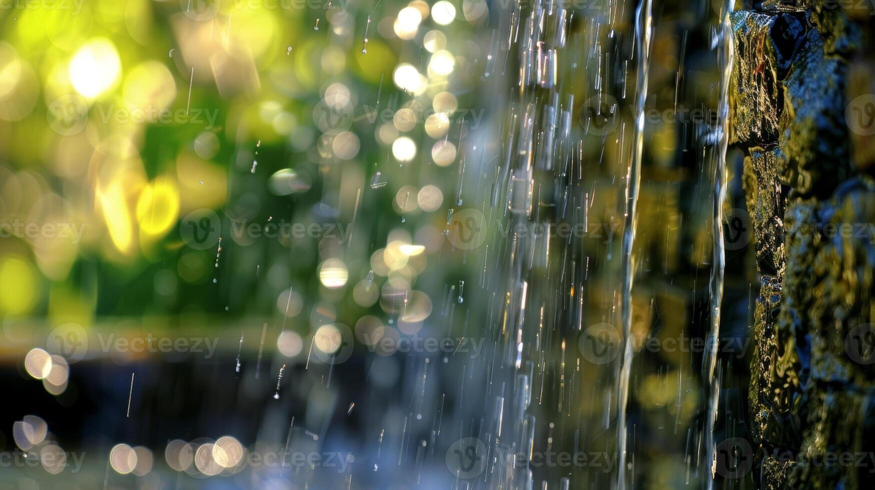 A small waterfall cascades down the wall filling the space with the soothing sounds of running water. 2d flat cartoon photo