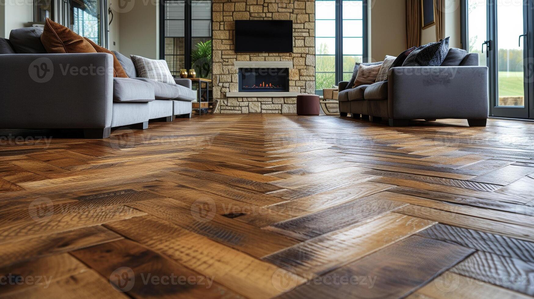Zoomedin view of a chevron patterned hardwood floor accentuating the unique grain and texture of the wood photo