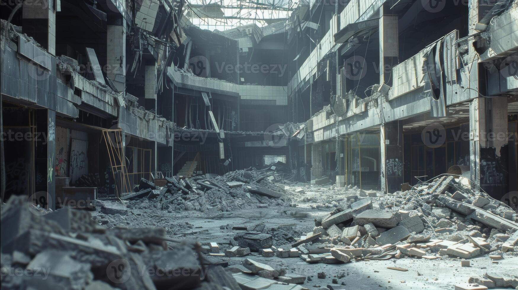 In the next image the buildings interior is revealed with piles of rubble and debris tered across the floors photo