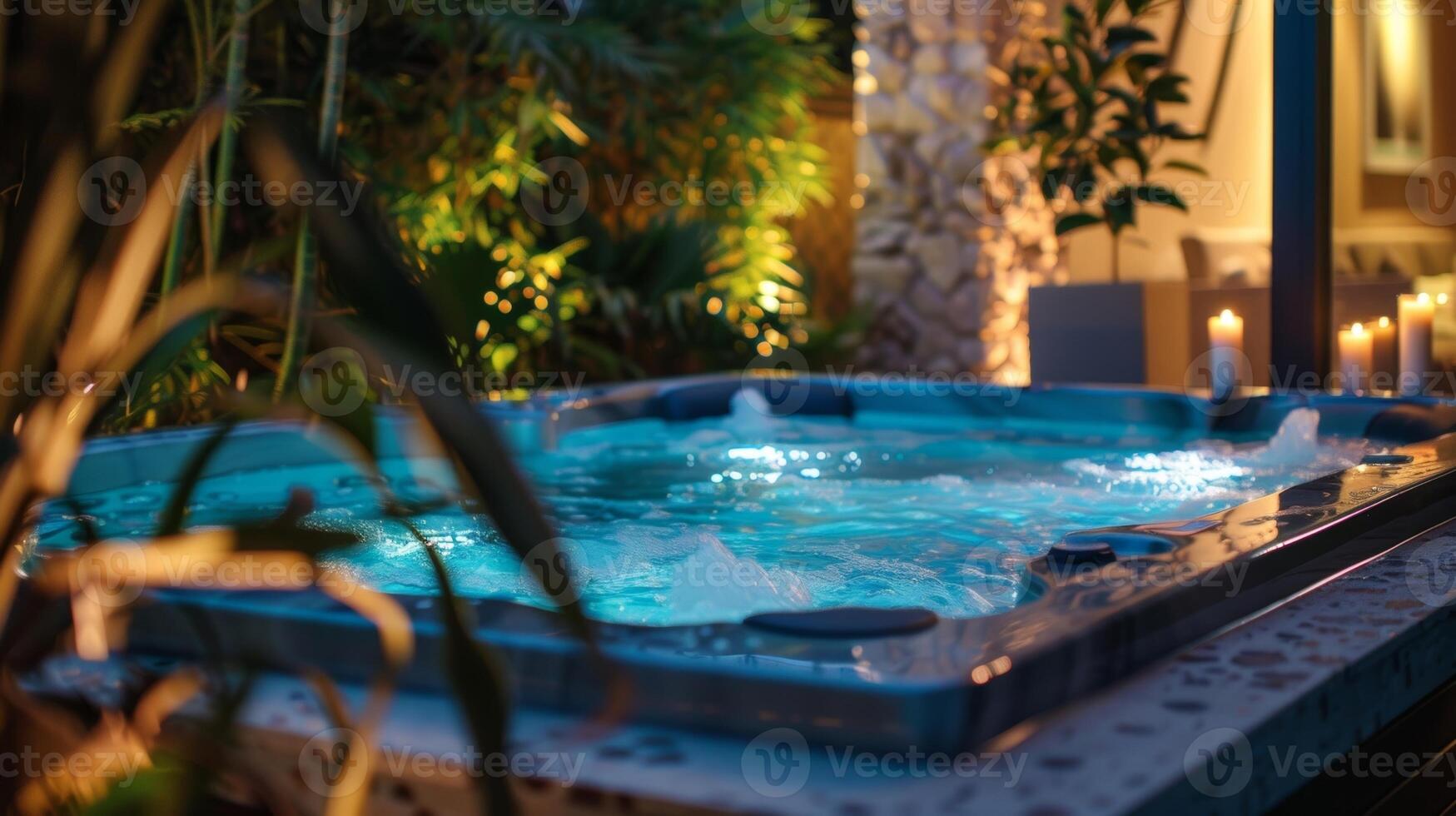 Soft music plays in the background enhancing the sensory experience of the spa under the stars. 2d flat cartoon photo
